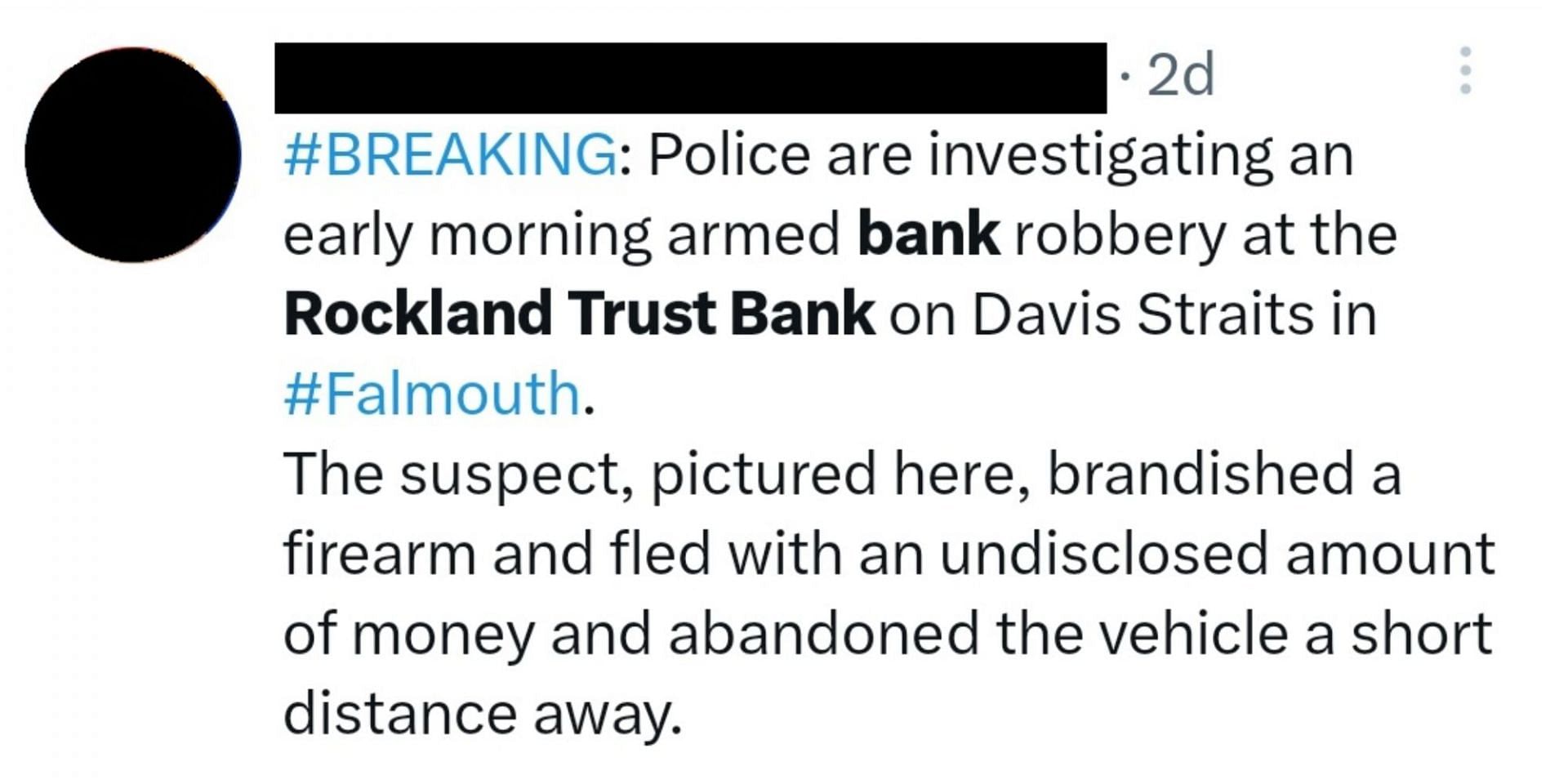 Robbery at Rockland Trust Bank, Falmouth. (Image via Twitter)