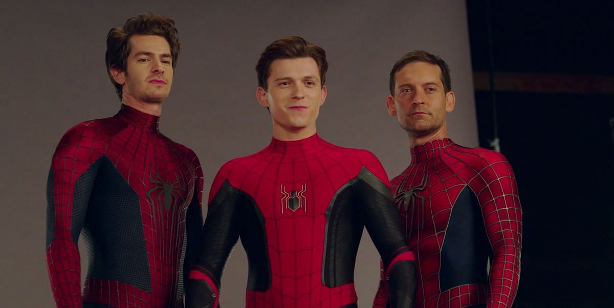 Tom Holland, Tobey Maguire, and Andrew Garfield voices appear in the trailer for Spider-Man: Across the Spider-Verse (Image via Marvel Studios)