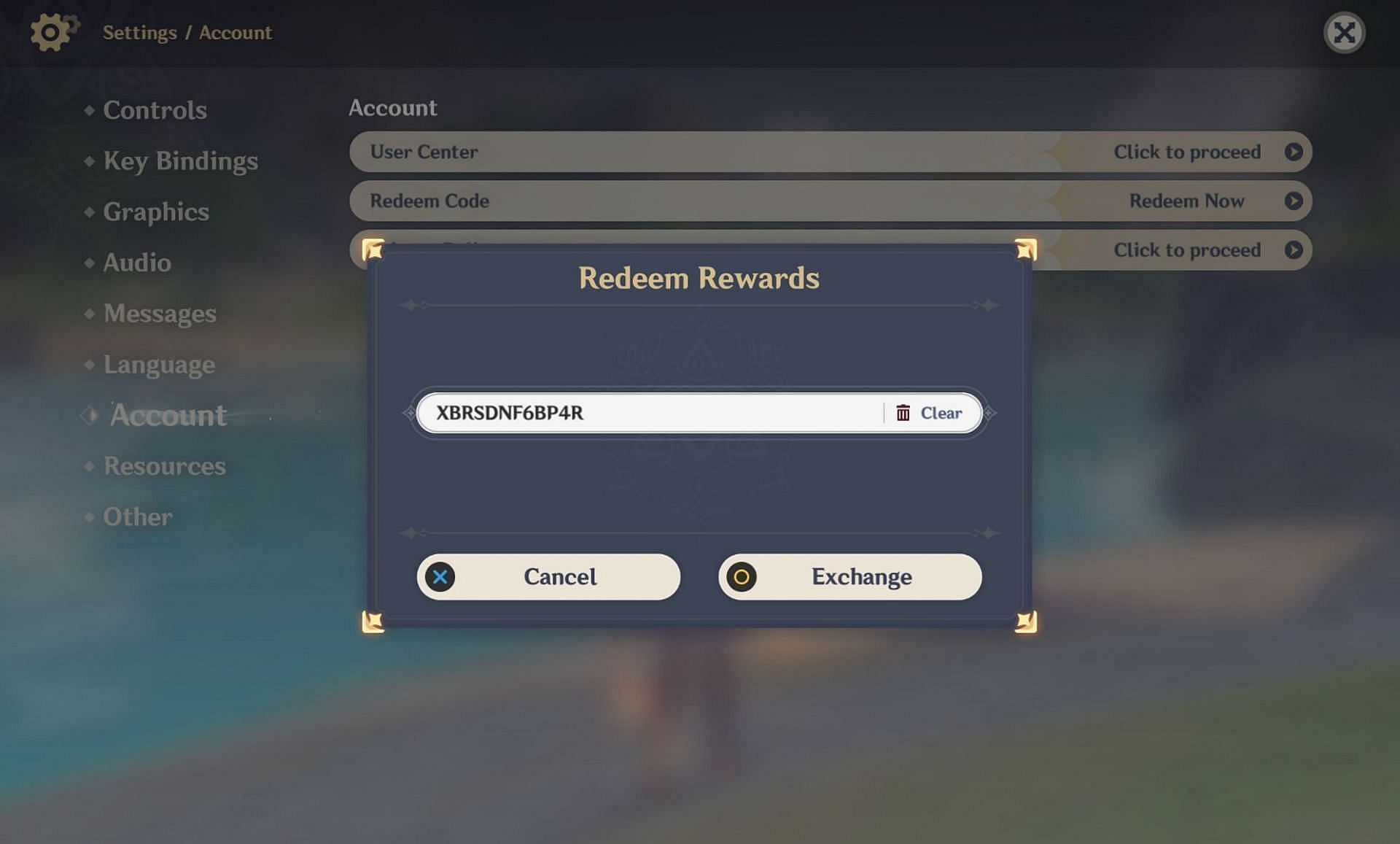 In-game redeem feature (Image via HoYoverse)