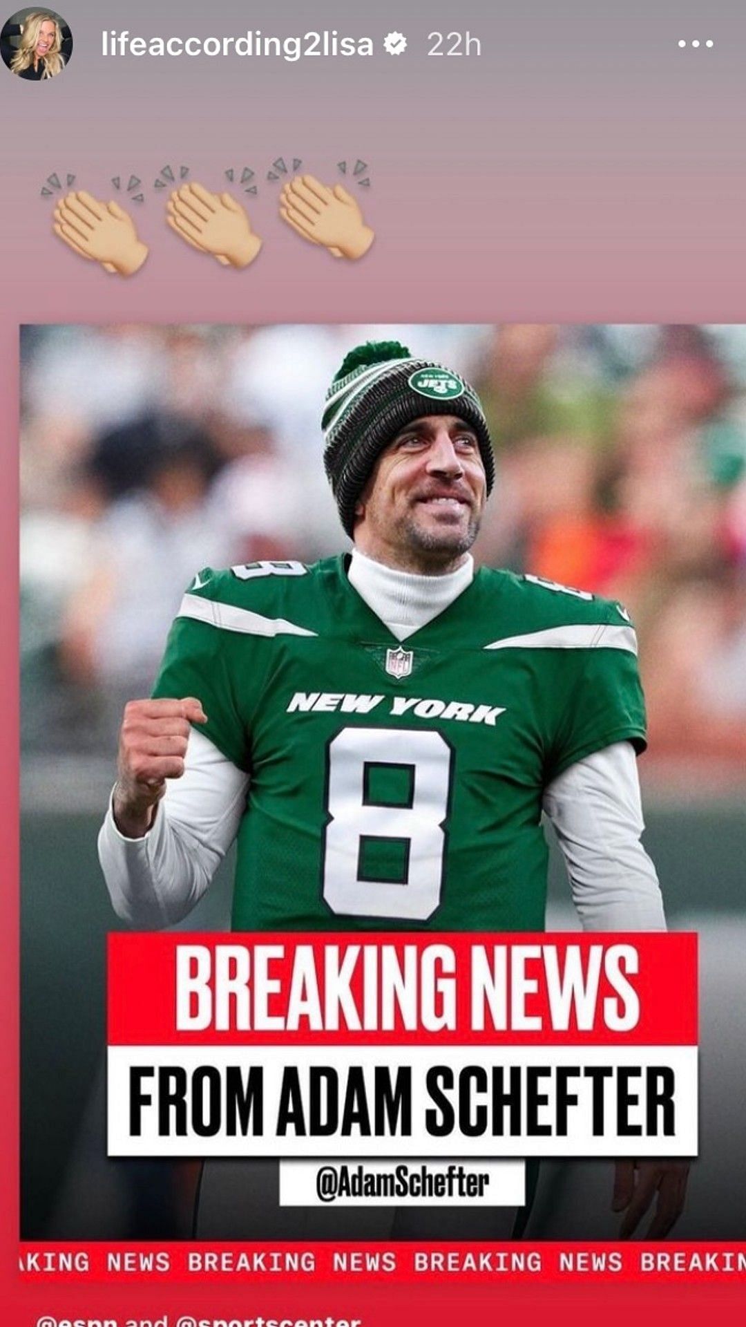 Lisa Wilson&#039;s Instagram story showing that she apparently approves of the trade for Aaron Rodgers.