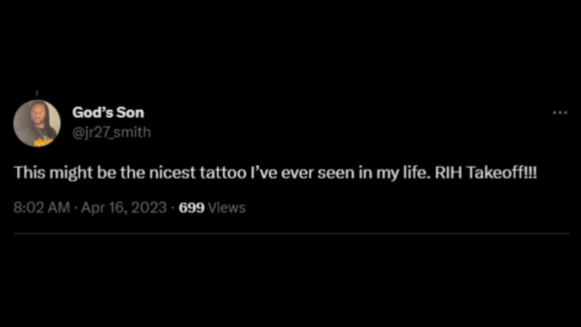 Screenshot of a Twitter user reacting to the rapper&#039;s new tattoo of Takeoff.