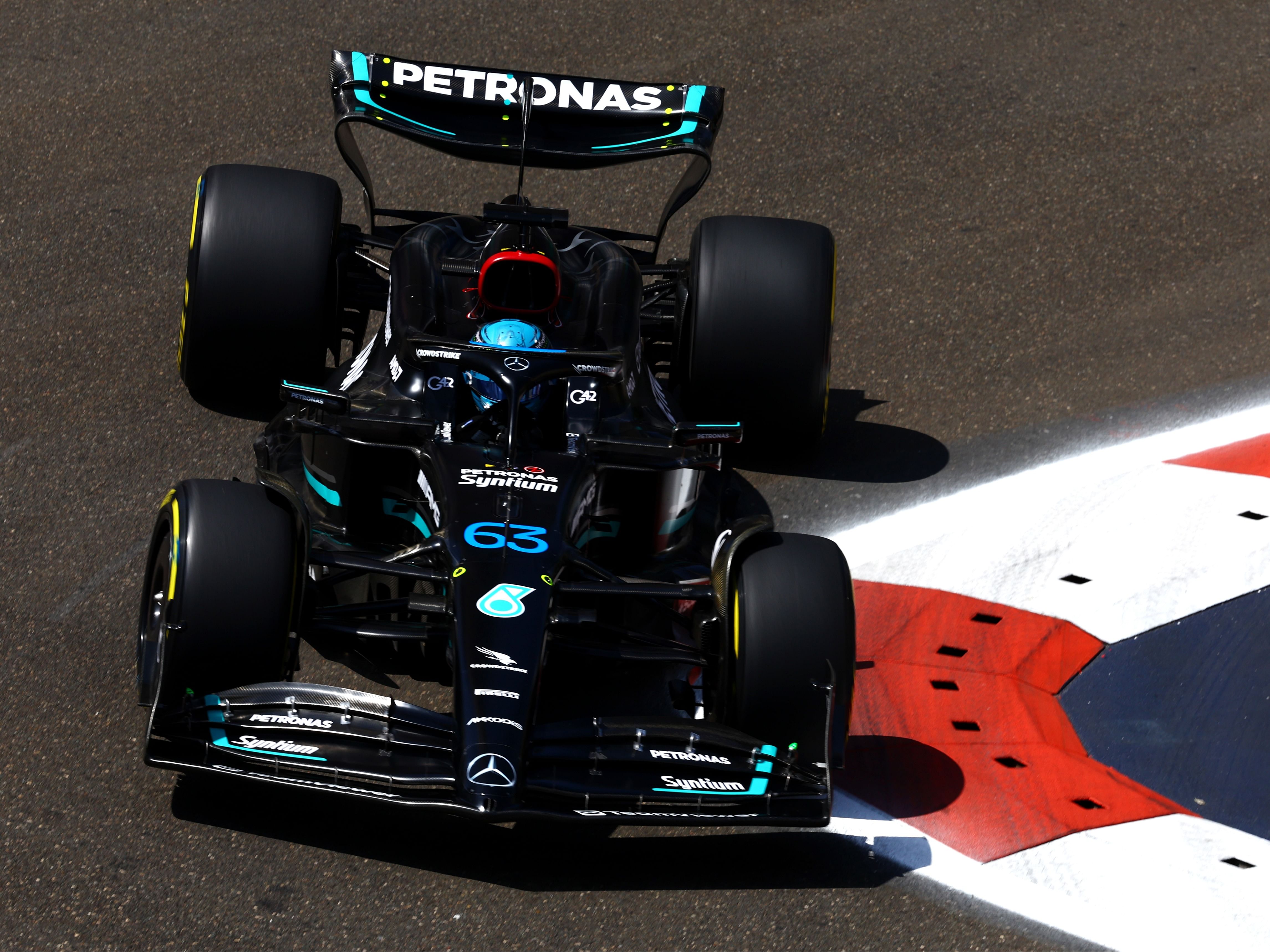 George Russell (63) on track during practice ahead of the 2023 F1 Azerbaijan Grand Prix. (Photo by Mark Thompson/Getty Images)