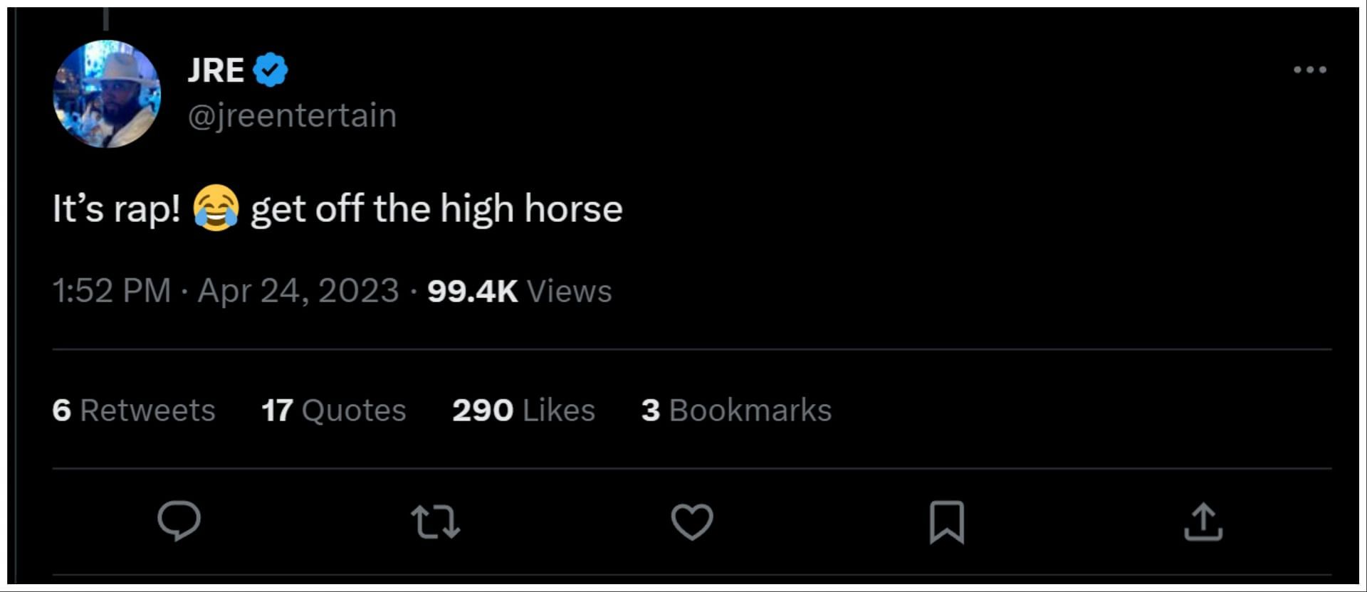 Another user said that everyone should get off their &quot;high horse&quot; (Image via Twitter/BATTLERAPDEMIKS)