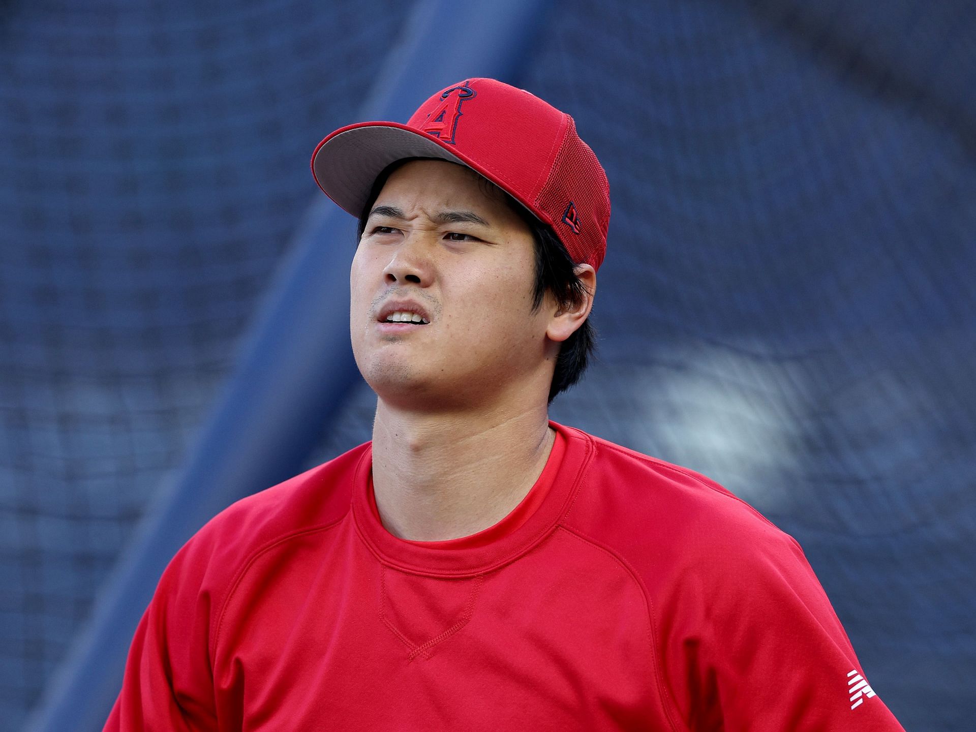 Shohei Ohtani of the Los Angeles Angels looks on during batting practice.