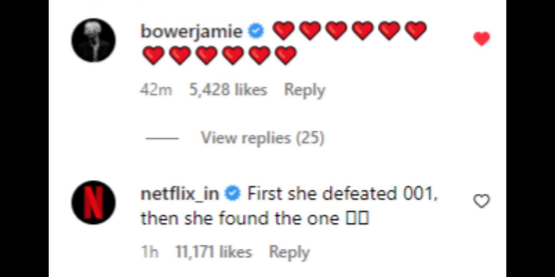 Jamie Campbell Bower and Netflix react to Brown&#039;s engagement (Image via Instagram/@milliebobbybrown)