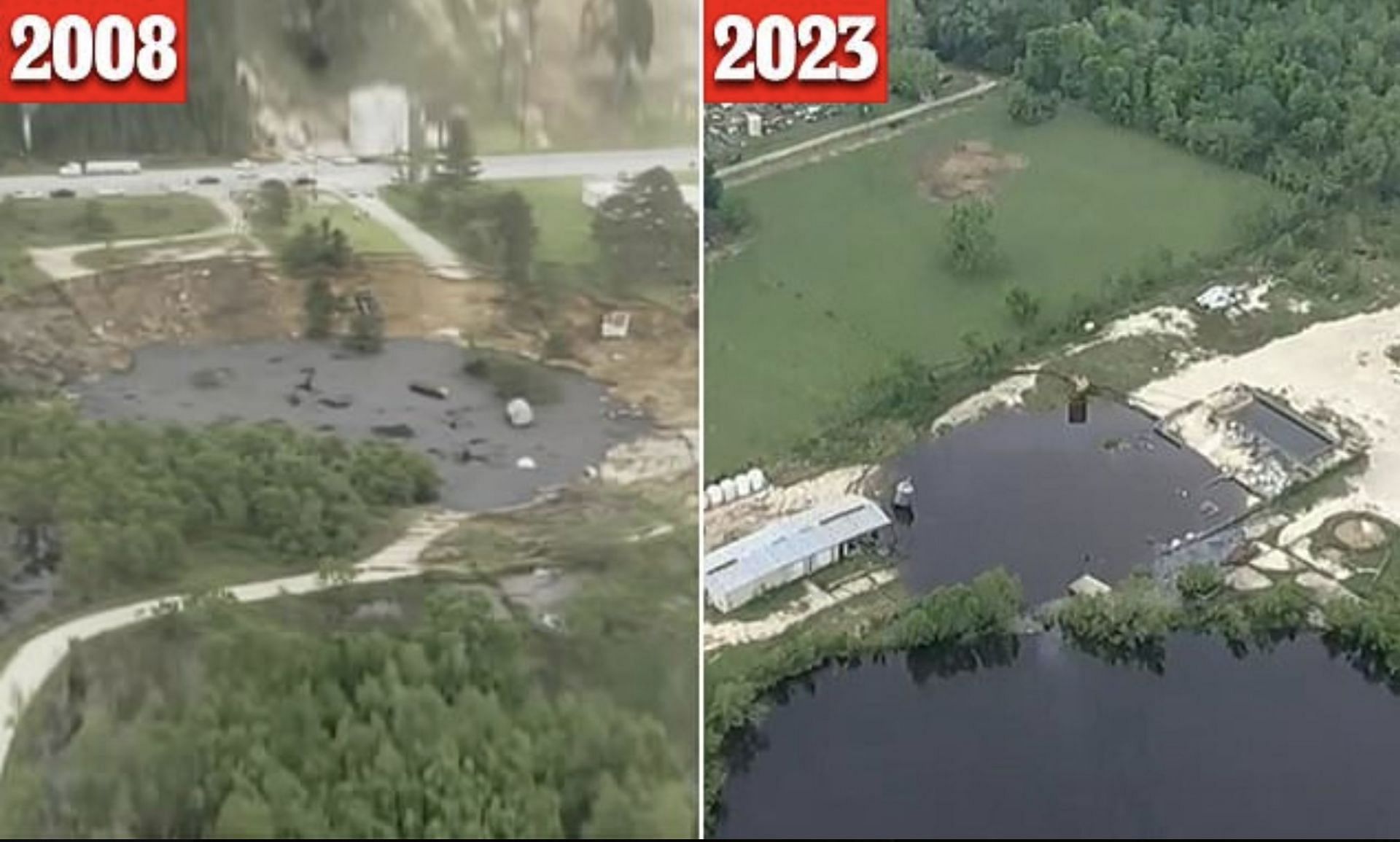 Images showing the difference in the sinkhole over the years. (Image via Twitter)