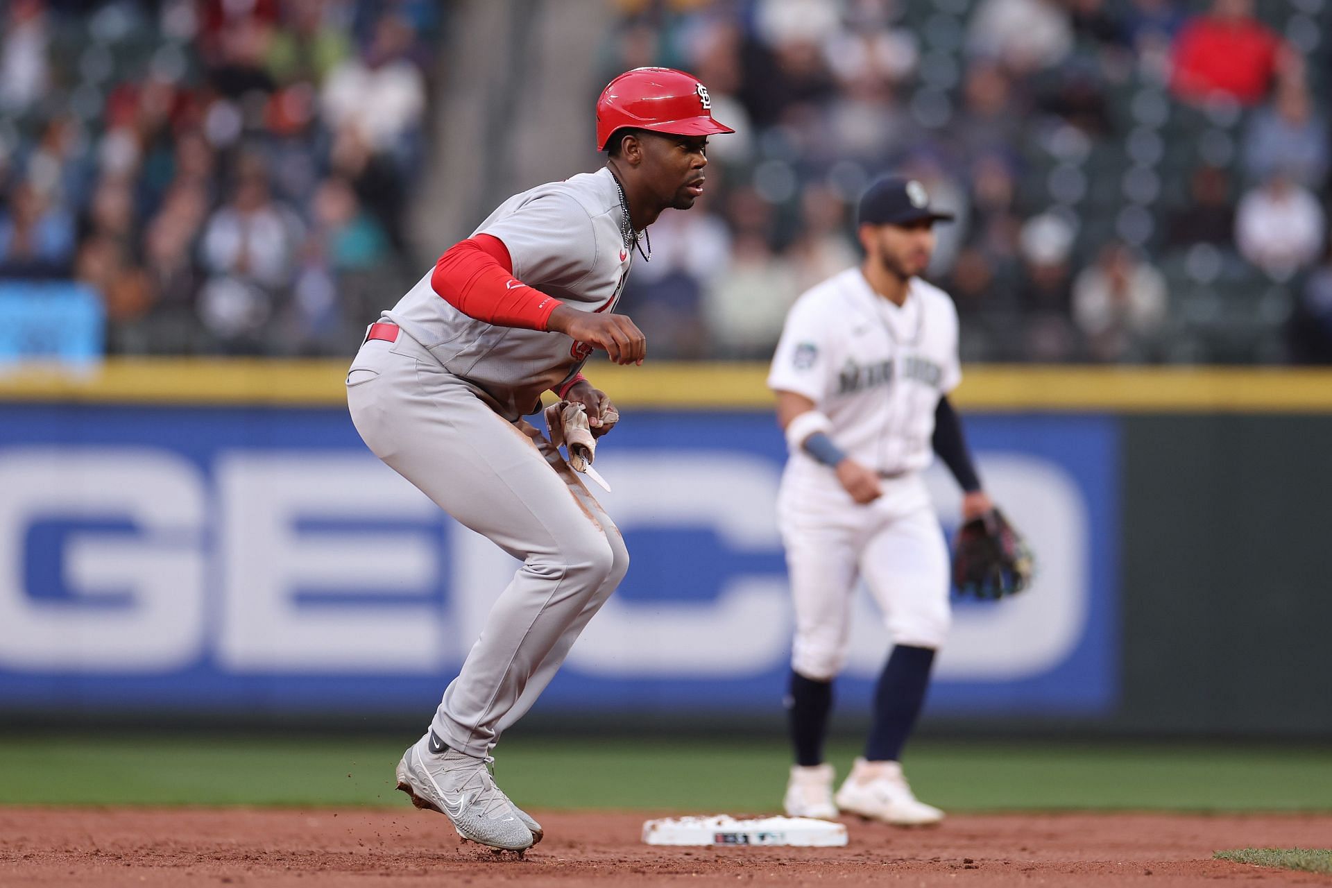 Jordan Walker of the St. Louis Cardinals runs to third base against the Seattle Mariners.