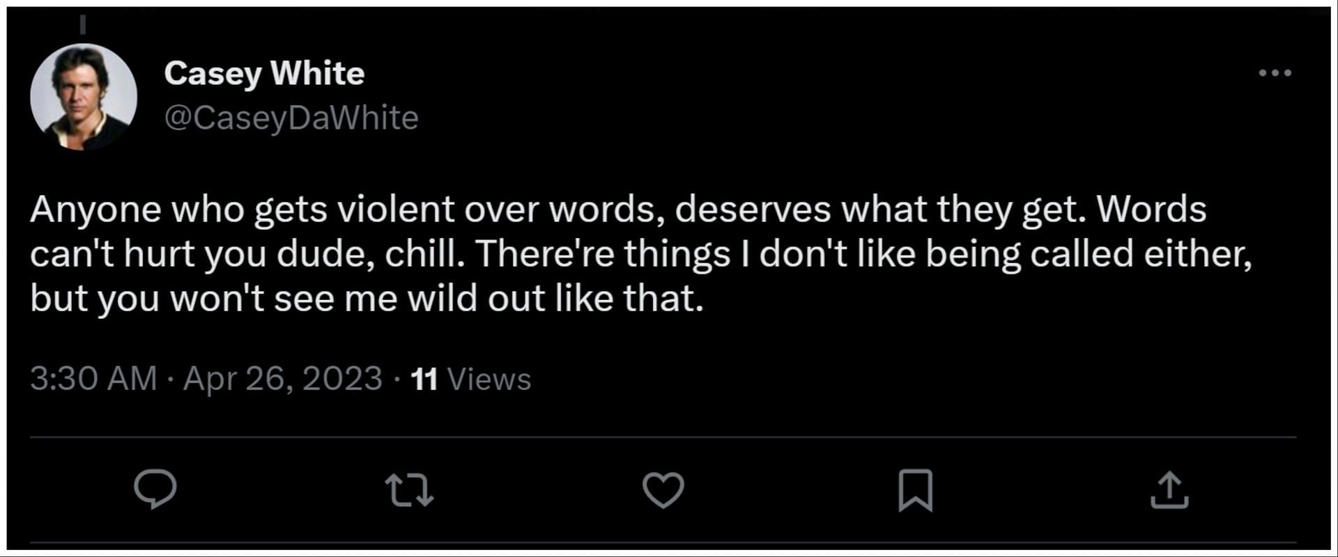 A Twitter user took a more neutral stance and said that violence over words is wrong, regardless of what the word is (Image via Twitter/BATTLERAPDEMIKS)