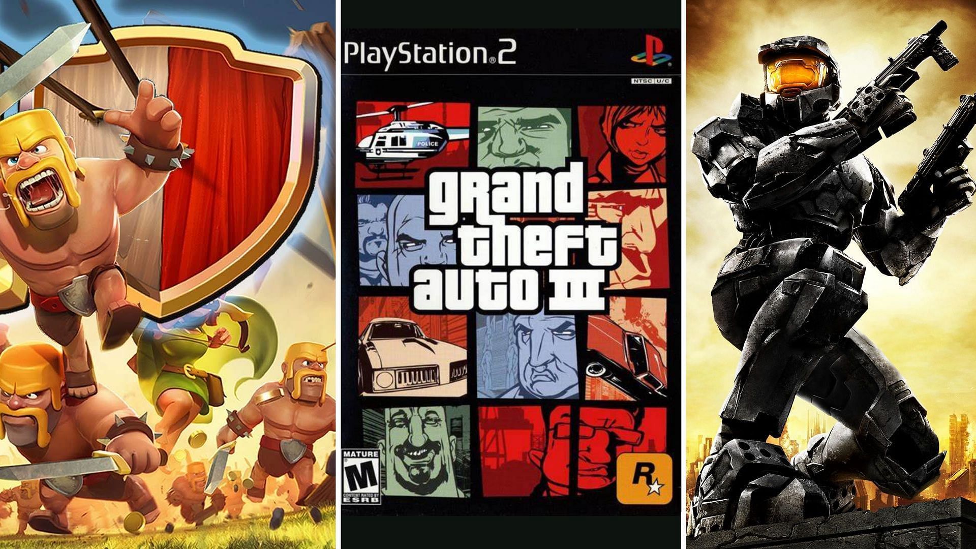 Collage of Clash of Clans, GTA 3, and Halo 2