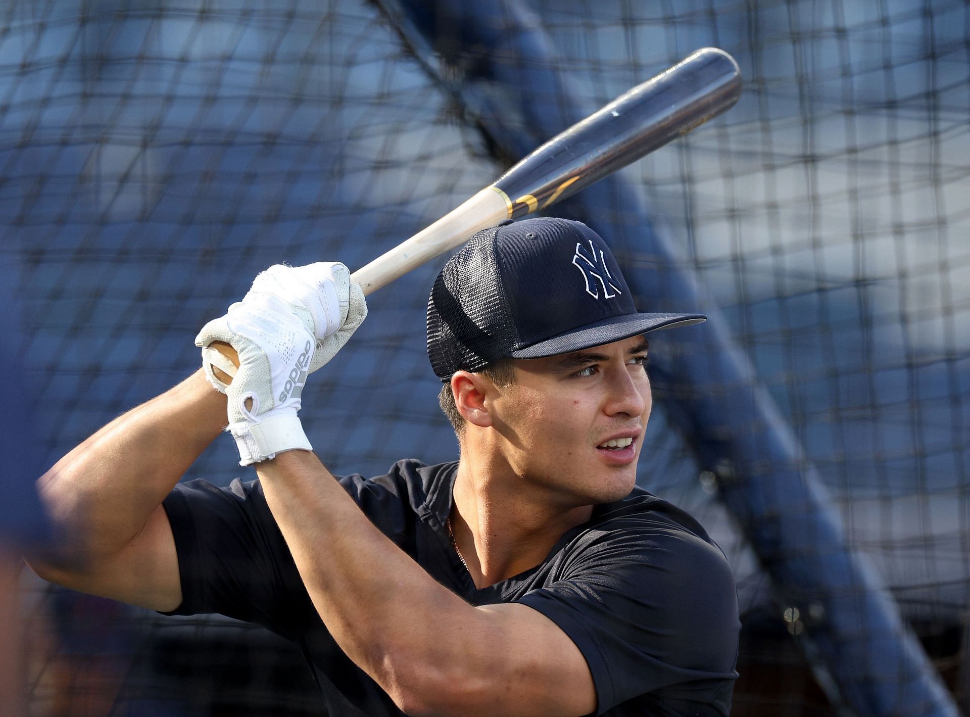 Anthony Volpe of the New York Yankees takes batting practice before a game against the Minnesota Twins at Yankee Stadium.