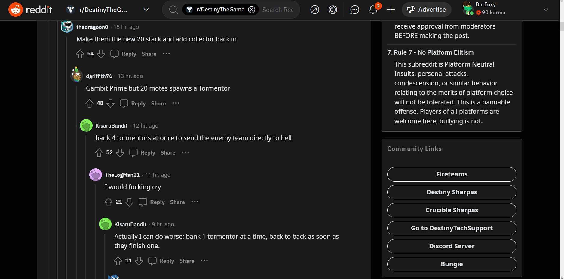 Comments on the post (Image via Destiny 2)
