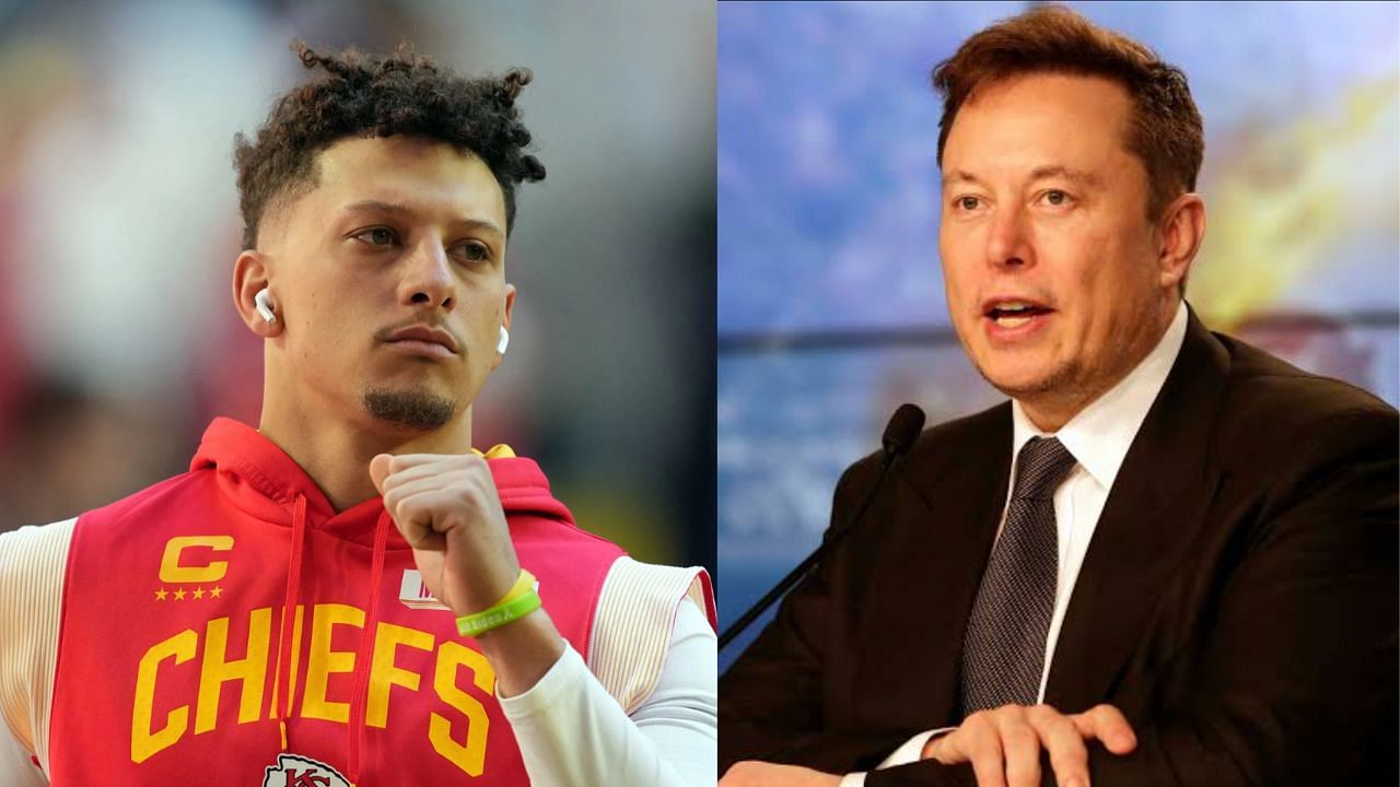 Chiefs QB Patrick Mahomes (l) shouts out Twitter CEO Elon Musk (r) for his blue checkmark