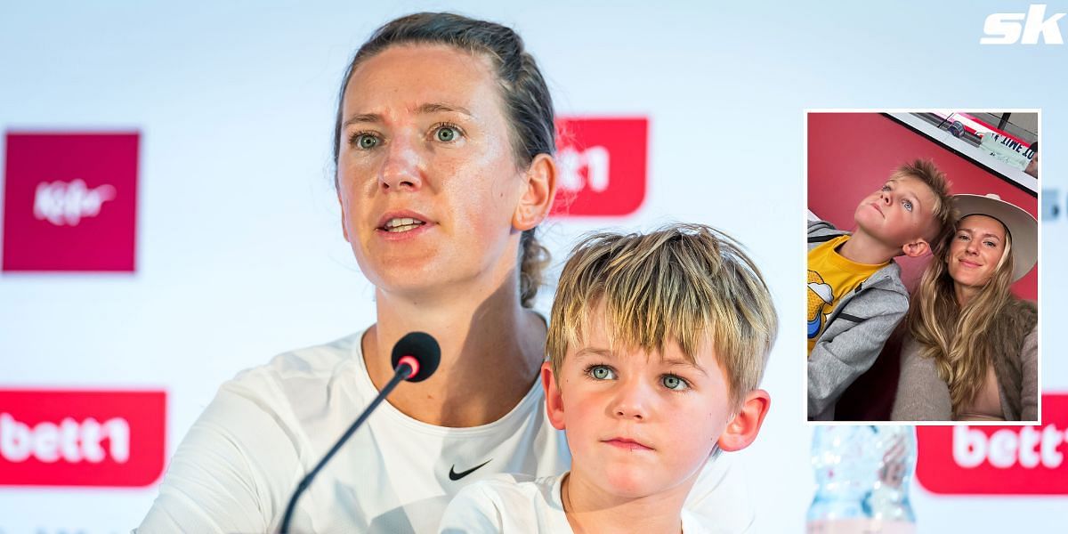 Victoria Azarenka with her son Leo at the Stanley Cup playoffs (inset)