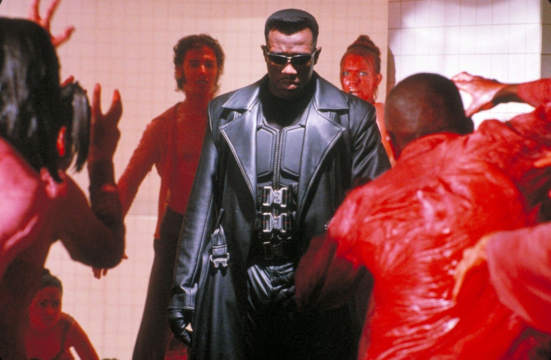 Wesley Snipes delivers a charismatic performance as Blade, the half-vampire, half-human vampire hunter (Image via New Line Cinema)