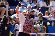 Stefanos Tsitsipas celebrates his win over Lorenzo Musetti in Barcelona