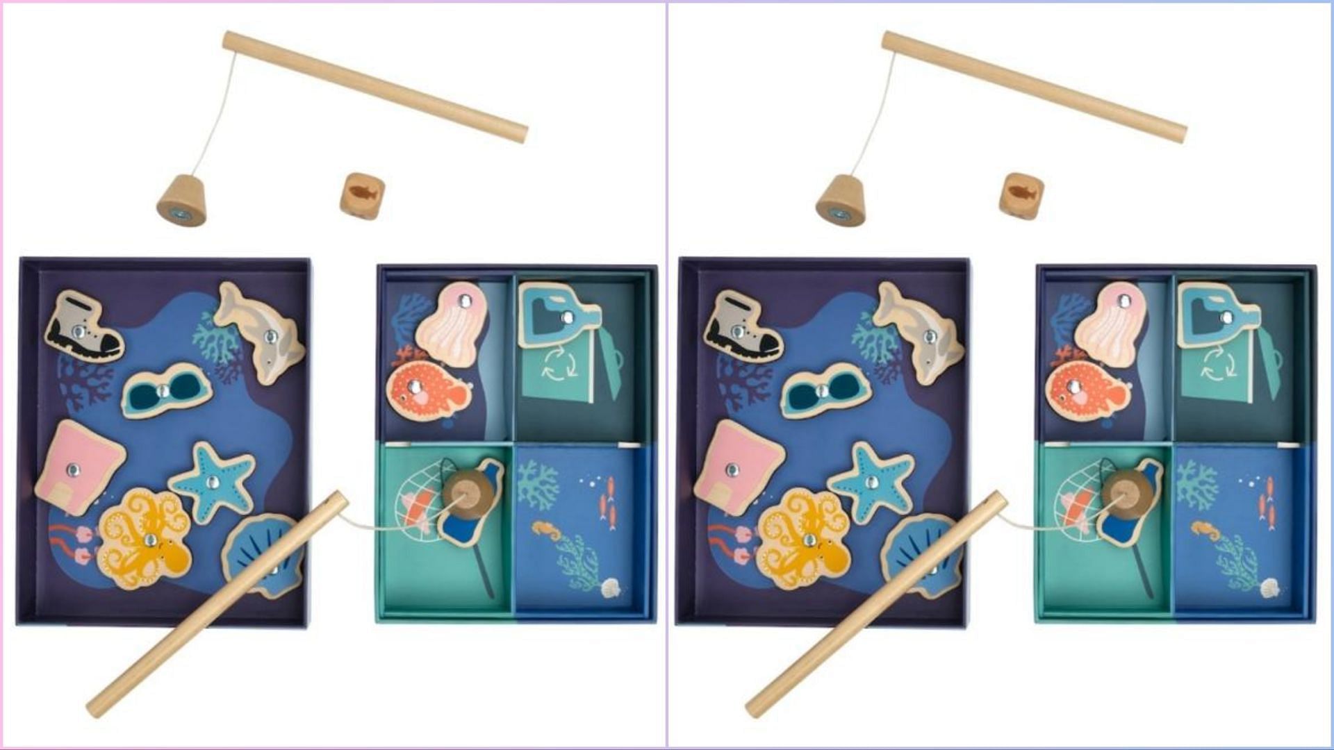 The recalled IKEA BLAVINGAD fishing game sets come with two wooden fishing lines and 11 playpieces (Image via IKEA/ Consumer Products and Safety Commission/ Health Canada)