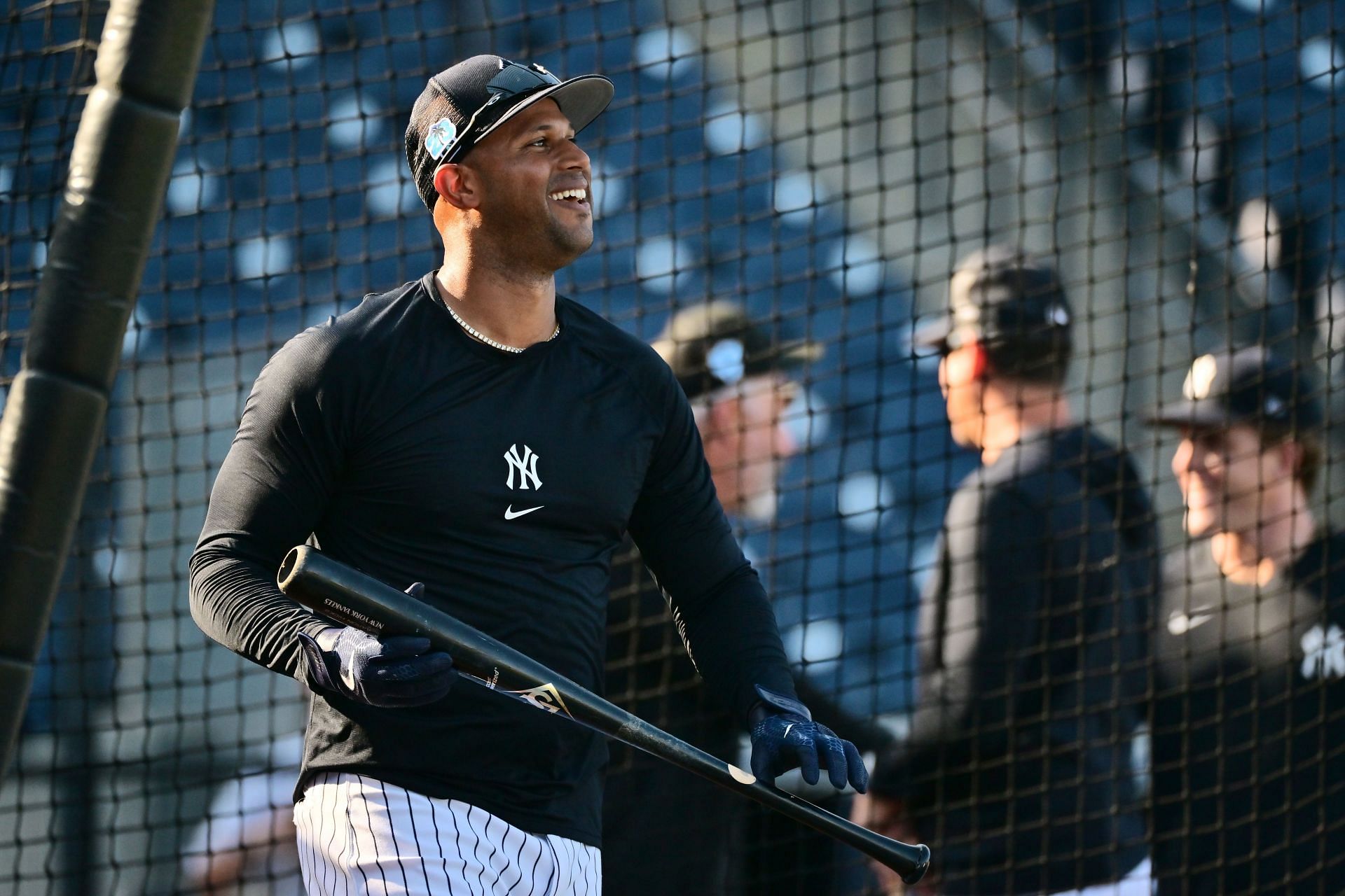 Aaron Hicks of the New York Yankees looks on during batting practice.