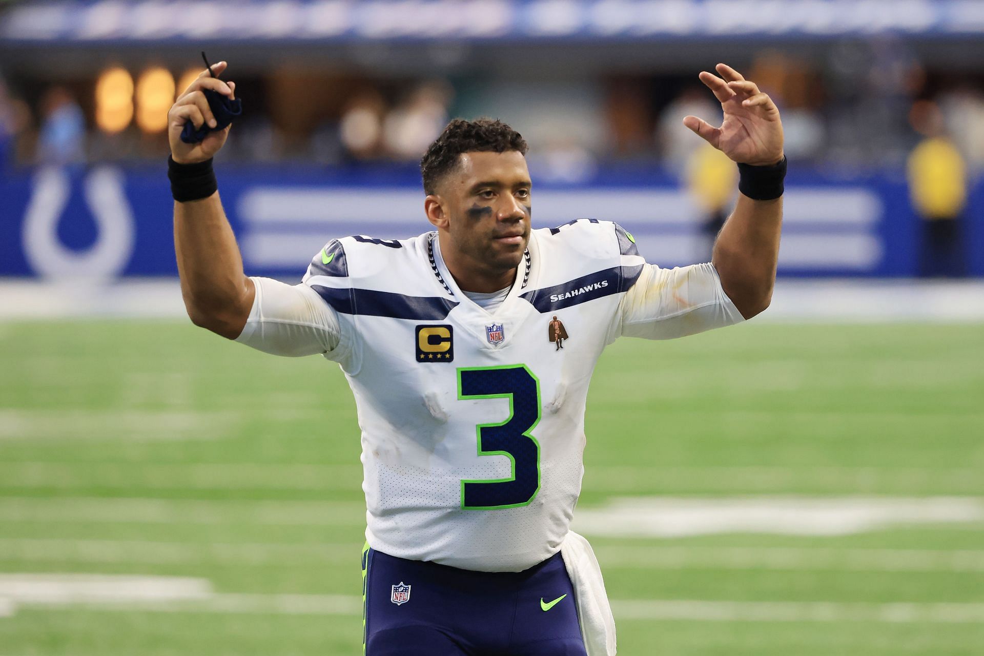 Russell Wilson in the Seattle Seahawks v Indianapolis Colts