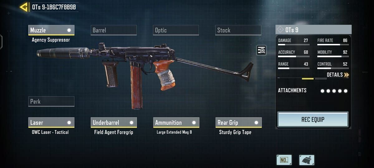 Ideal loadout build for OTs 9 SMG in all of Duty Mobile Season 4: Veiled Uprising (Image via COD Mobile)