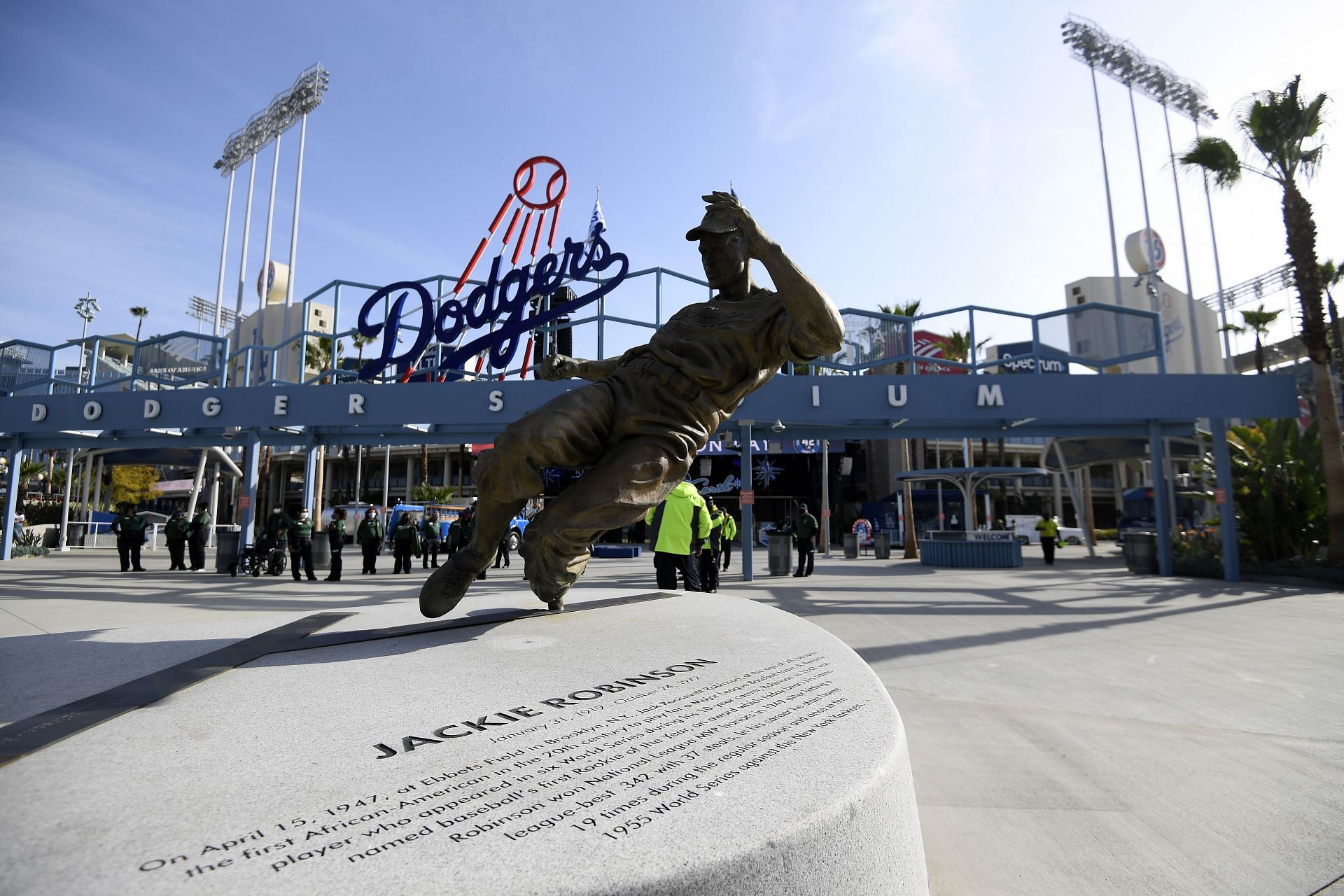 Jackie Robinson statue on Jackie Robinson Day before the game between the Colorado Rockies and the Los Angeles Dodgers at Dodger Stadium