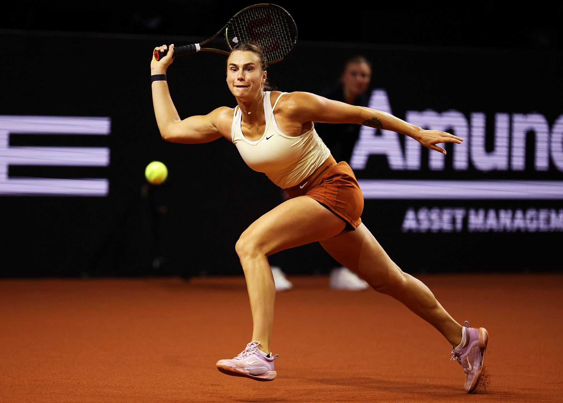 Aryna Sabalenka in action at the Porsche Tennis Grand Prix