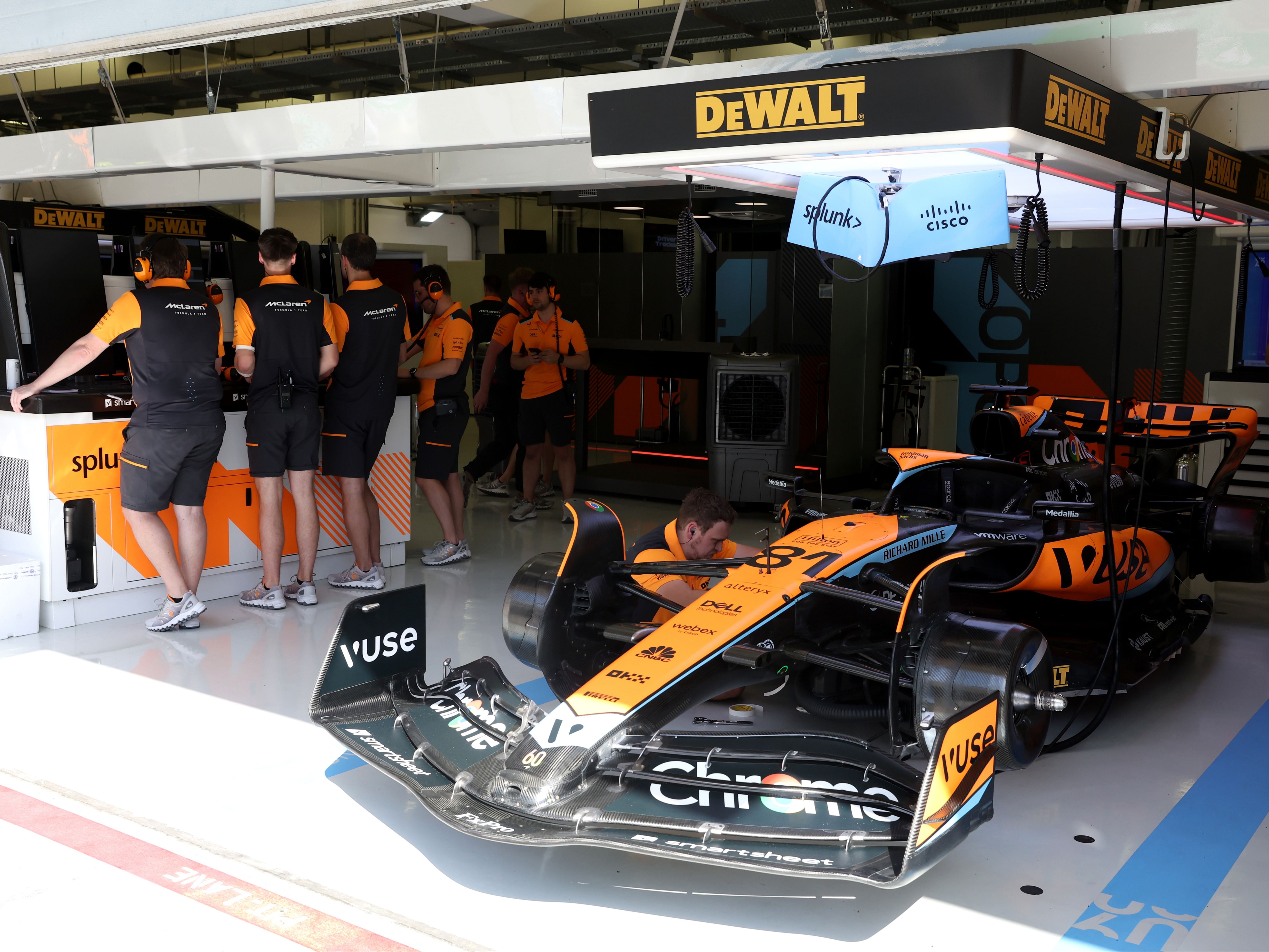 A general view of the garage of Oscar Piastri during practice ahead of the 2023 F1 Bahrain Grand Prix (Photo by Lars Baron/Getty Images)