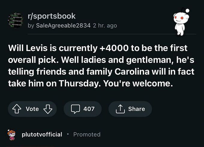 NFL Draft 2023: Will Levis' odds to be No.1 pick plunge from 50-1 to off  the board after viral Reddit post, Carolina Panthers, news, Bryce Young