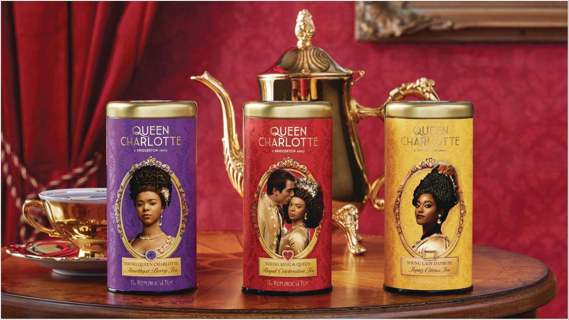 The Republic of Tea unveils a new Queen Charlotte Three Tea Gift range commemorating the upcoming Netflix premiere of the show, Queen Charlotte: A Bridgerton Story (Image via The Republic of Tea)