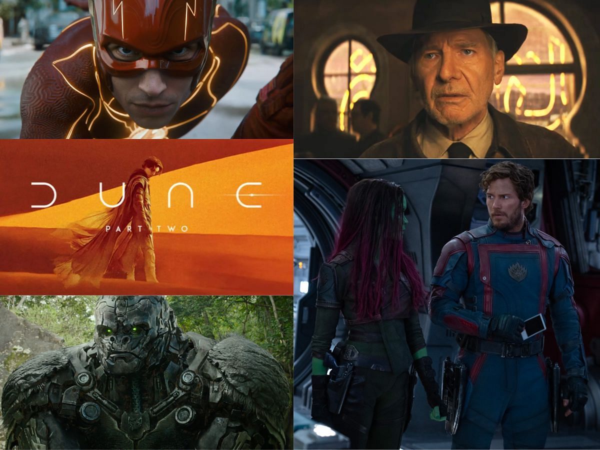 Collage of scenes from Transformers: Rise Of The Beasts, The Flash, Dune: Part Two, Indiana Jones and The Dial of Destiny and Guardians of the Galaxy Vol III. (images via IGN, Entertainment Weekly, The Economic Times, IMDb, Entertainment Tonight) 