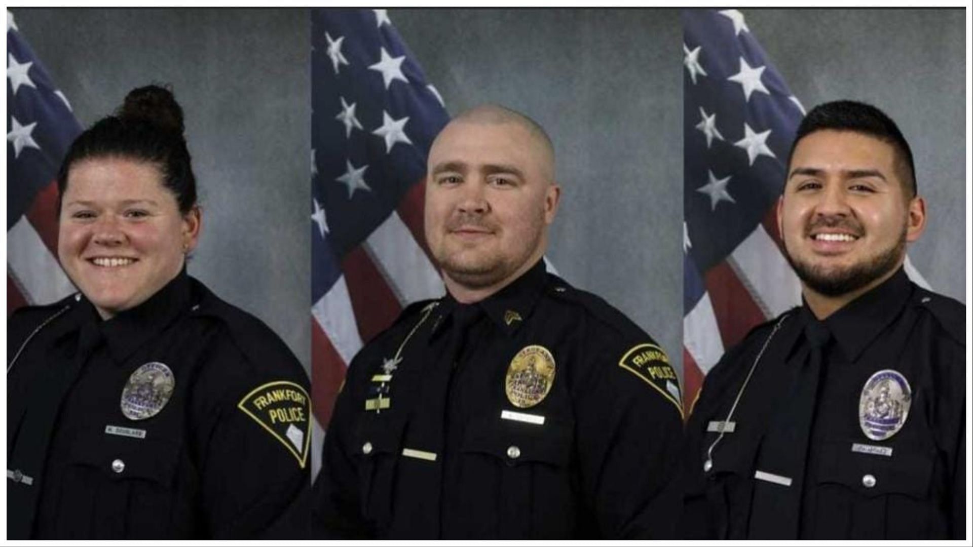 (From left) Officer Madison Douglass, Sergeant Andrew Snyder, and Officer Freddy Martinez rescued a family of six from a burning house in Frankfort, (Images via Frankfort Police Department/Facebook)