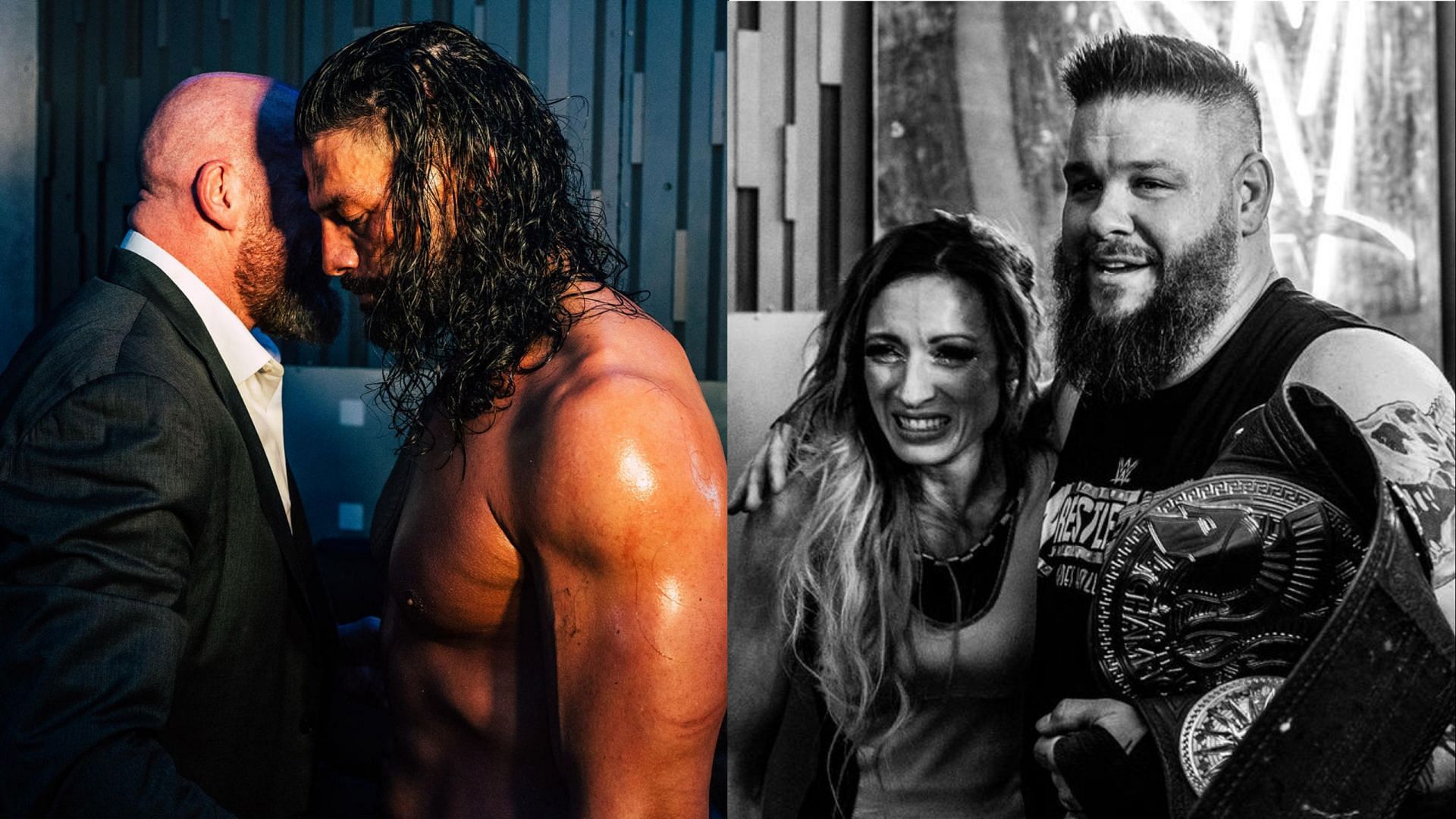 Triple H and Roman Reigns (left); Becky Lynch and Kevin Owens (right)