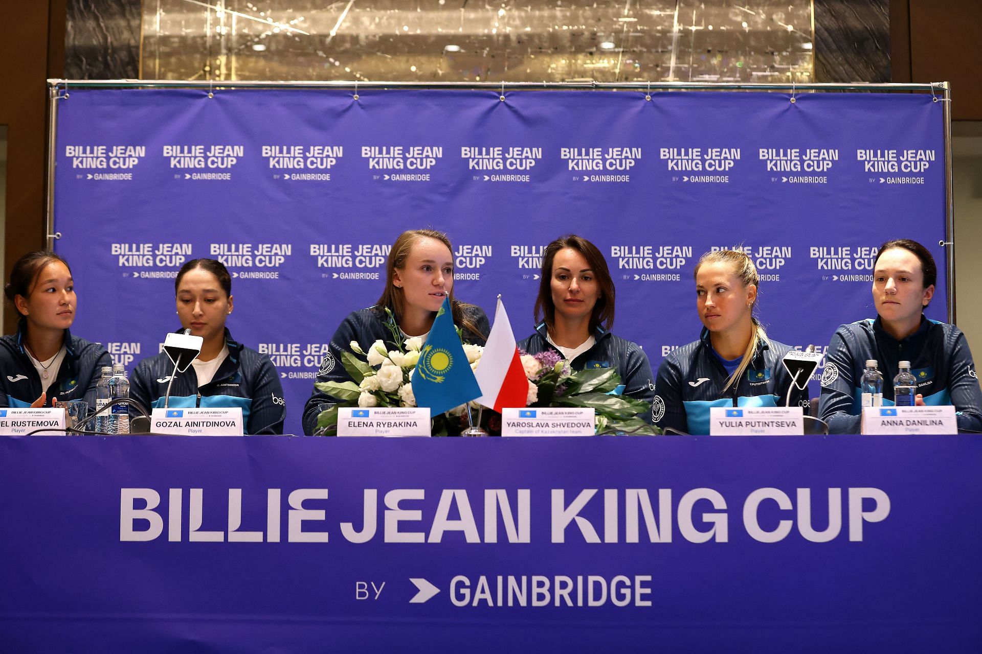 Elena Rybakina, Yaroslava Shvedova and other at the draw ceremony for the 2023 Billie Jean King Cup tie between Kazakhstan and Poland.
