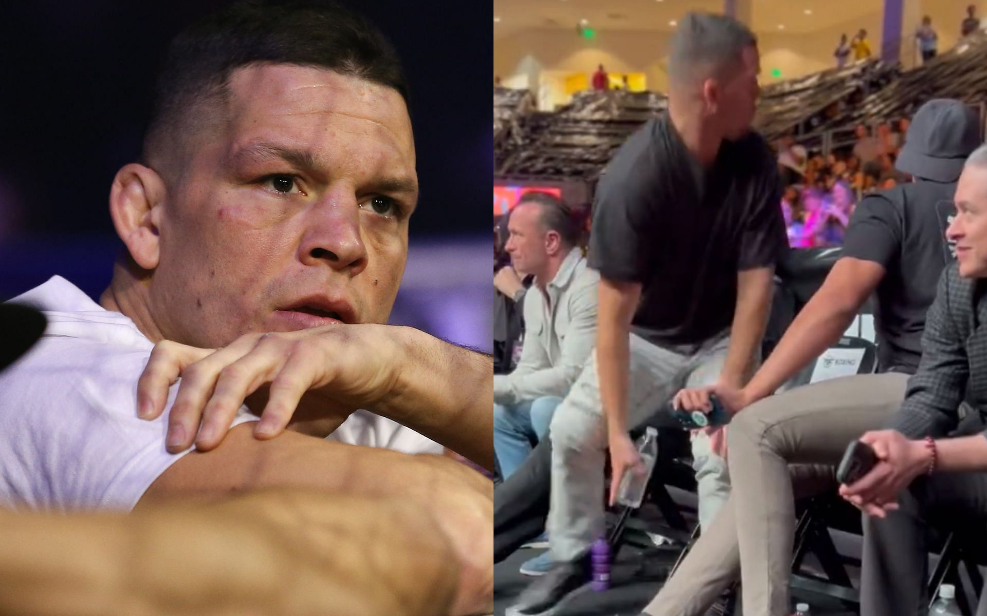 Nate Diaz (Left); Diaz with a bottle of water (Right) [Image courtesy: left image via Getty Images; right image via @MisfitsBoxing Twitter account]