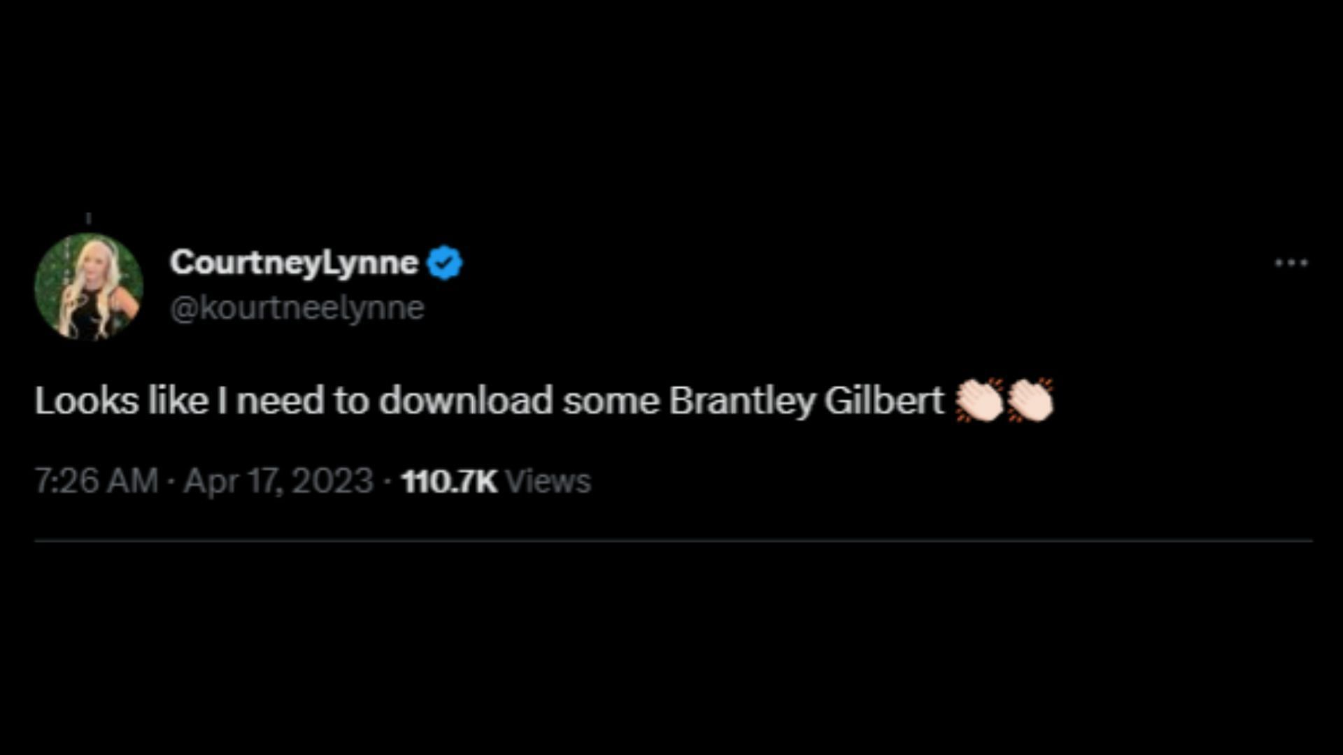 Screenshot of a Twitter user remarking on Brantley Gilbert&#039;s response to Bud Light can.