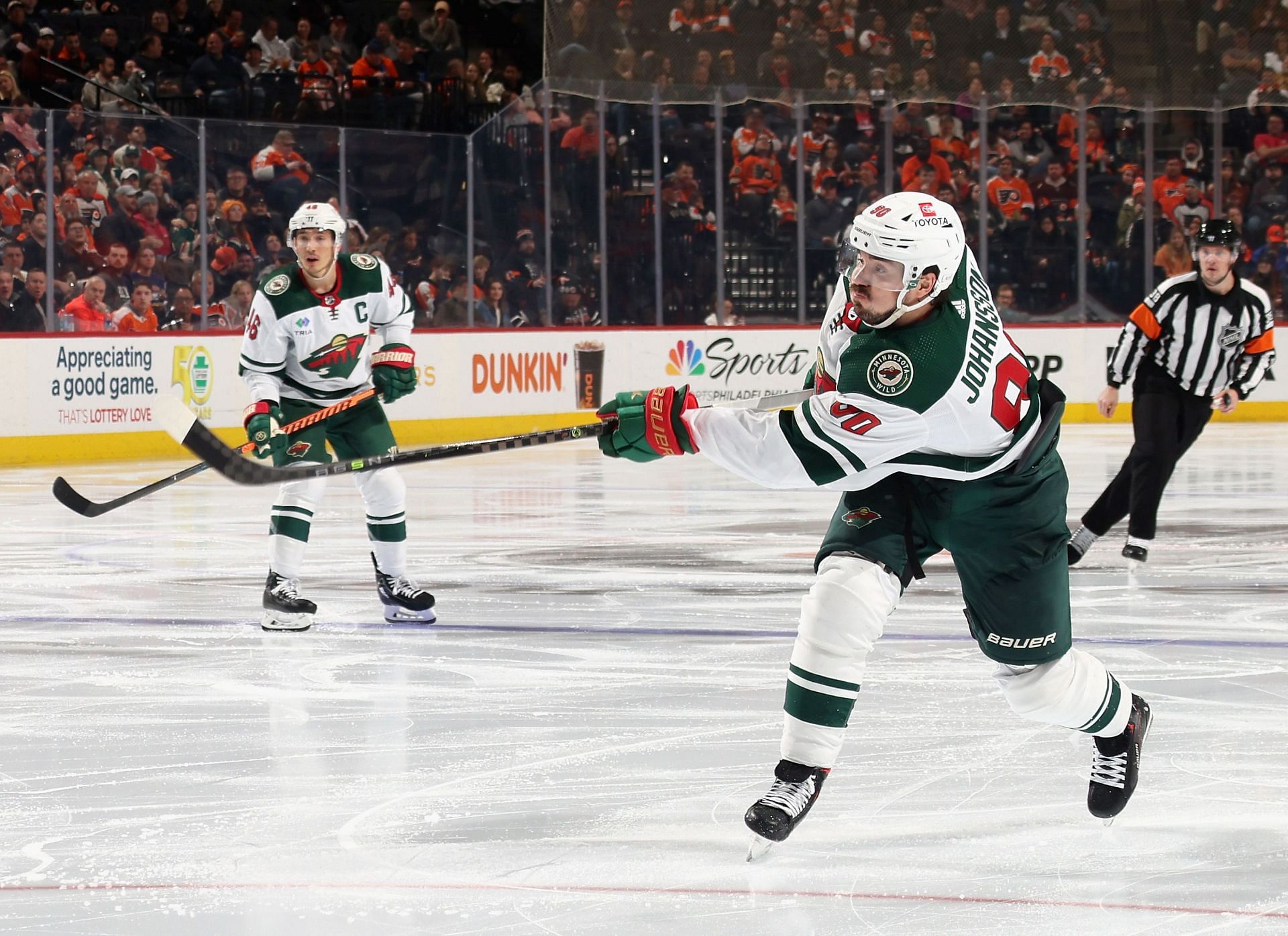 Marcus Johansson #90 of the Minnesota Wild skates against the Philadelphia Flyers at the Wells Fargo Center on March 23, 2023 in Philadelphia, Pennsylvania. (Photo by Bruce Bennett/Getty Images)