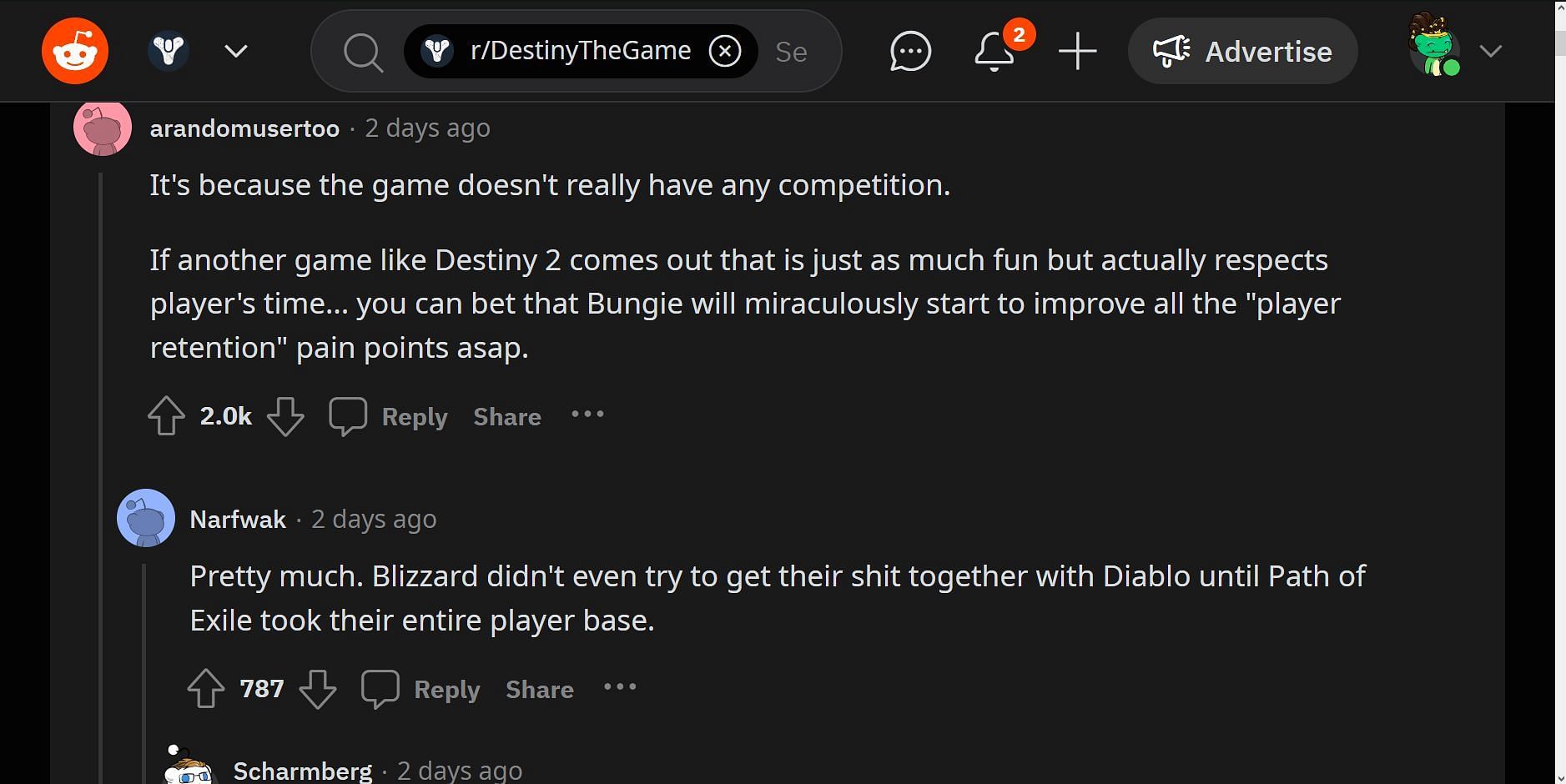 Comments on the Destiny 2 post (Image via Reddit)