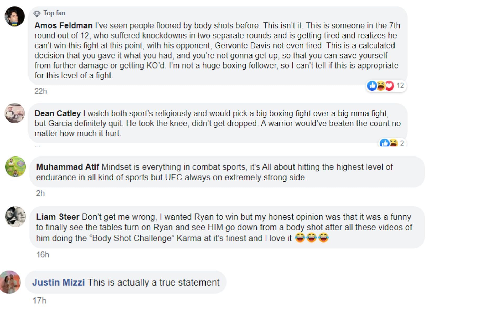 Screenshot of fan comments on Mostly MMA&#039;s Facebook post