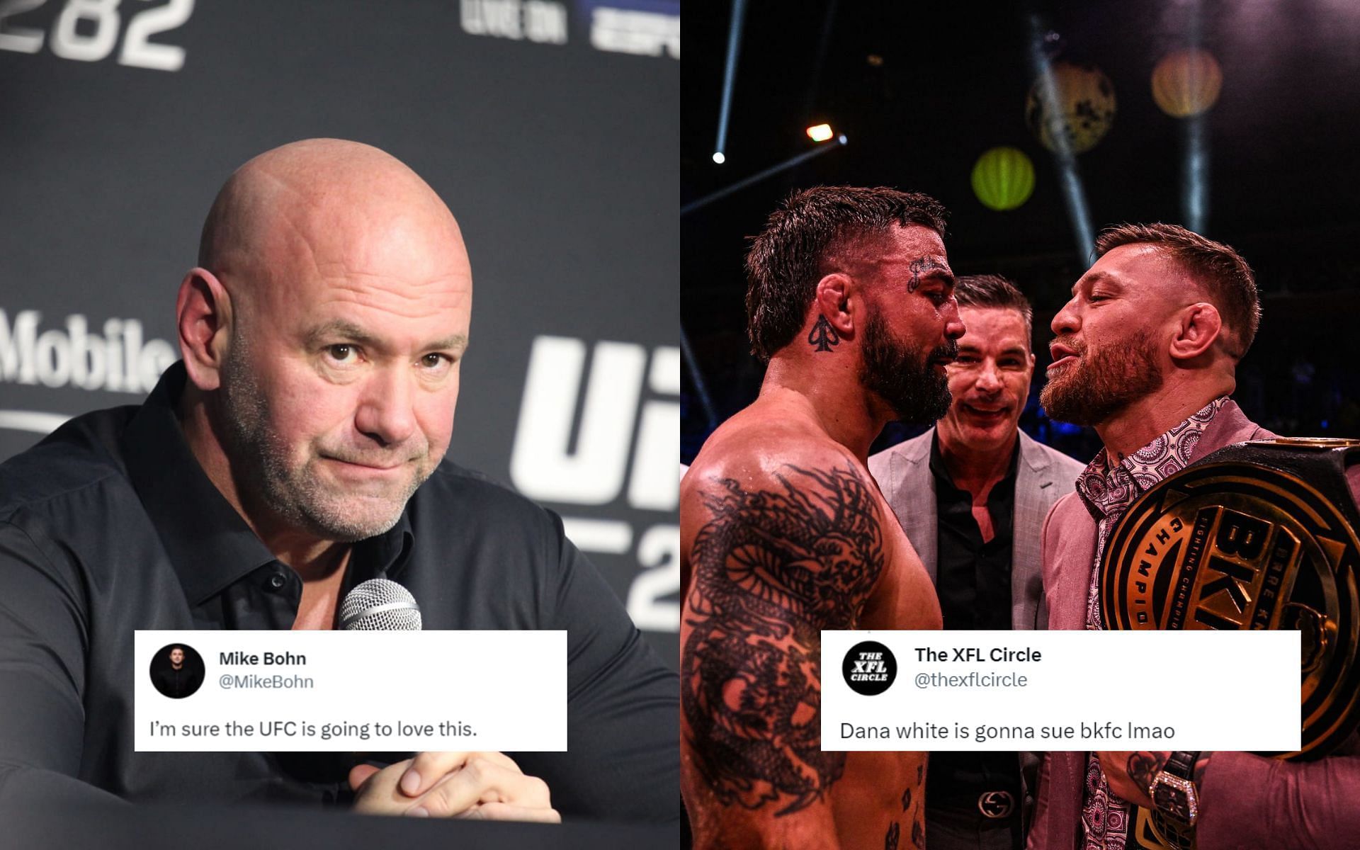 Dana White (left) and Mike Perry vs. Conor McGregor face-off (right)