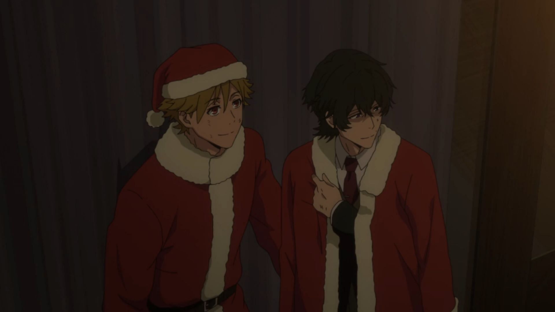 Kazuki and Rei dressed up as Santa to surprise Miri, as seen in Buddy Daddies episode 12 (Image via P.A. Works)
