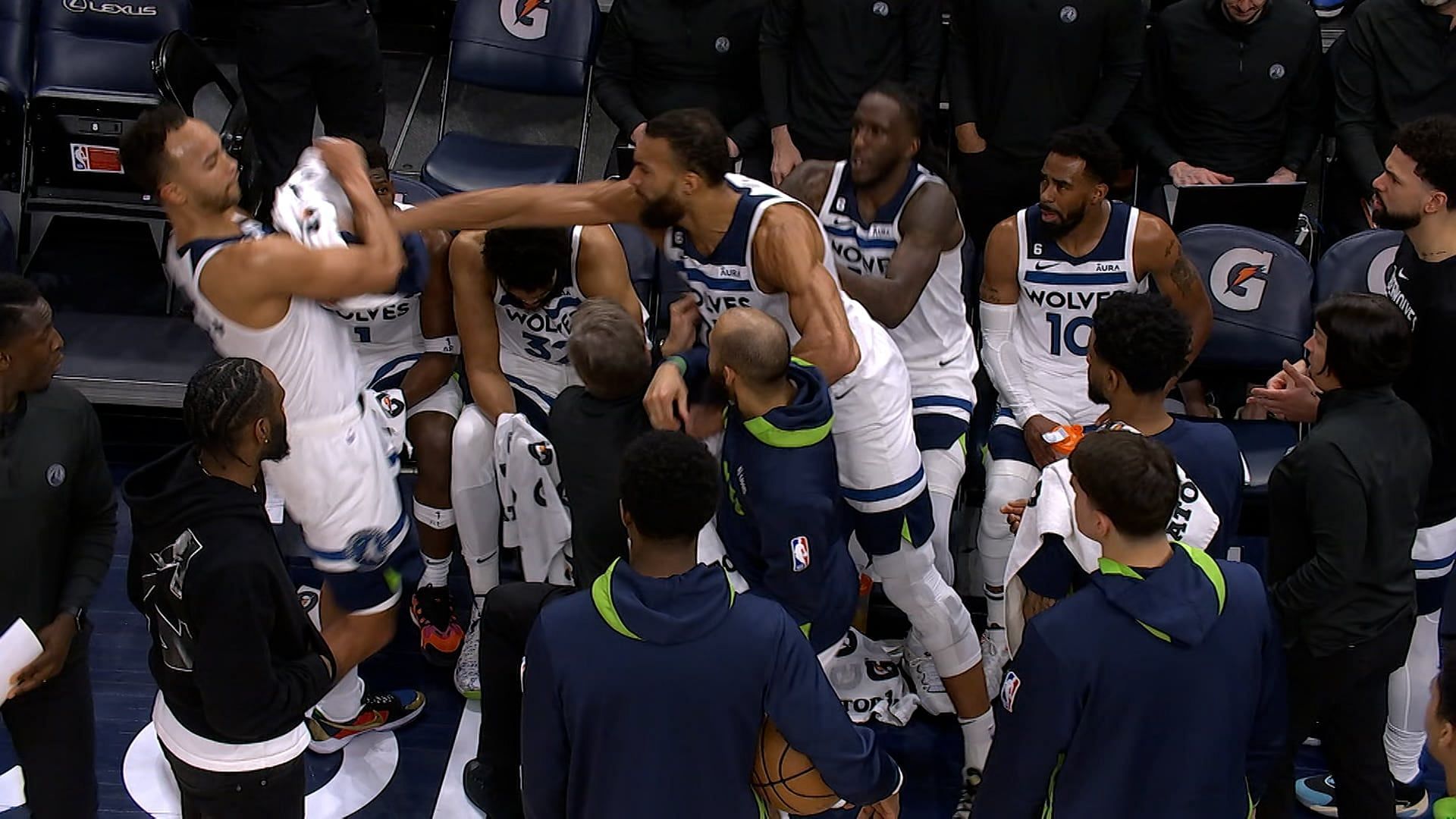 Minnesota Timberwolves star center Rudy Gobert punching his teammate Kyle Anderson on Sunday versus New Orleans