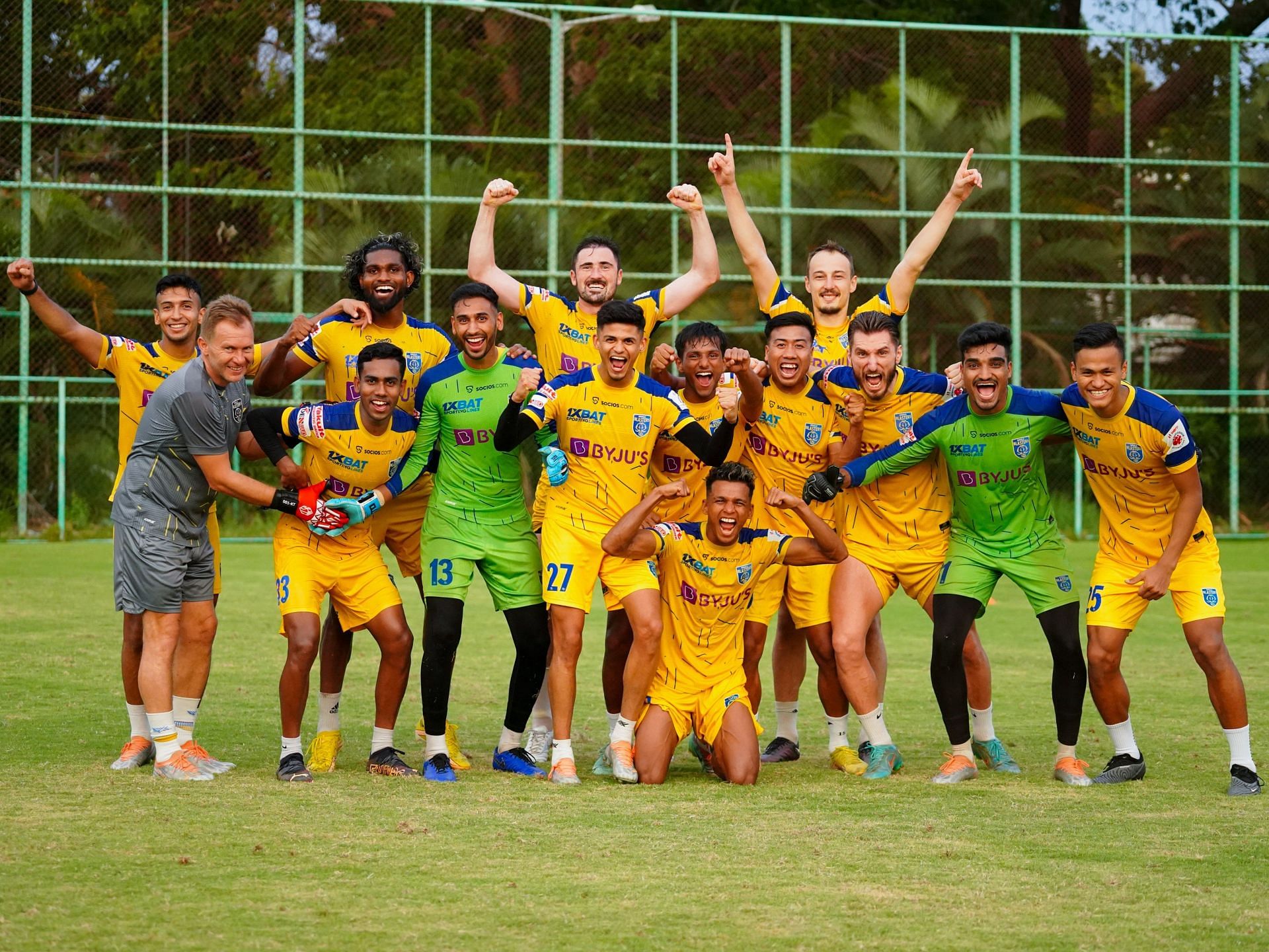 Kerala Blasters FC players during their training session ahead of the RoundGlass Punjab FC clash.