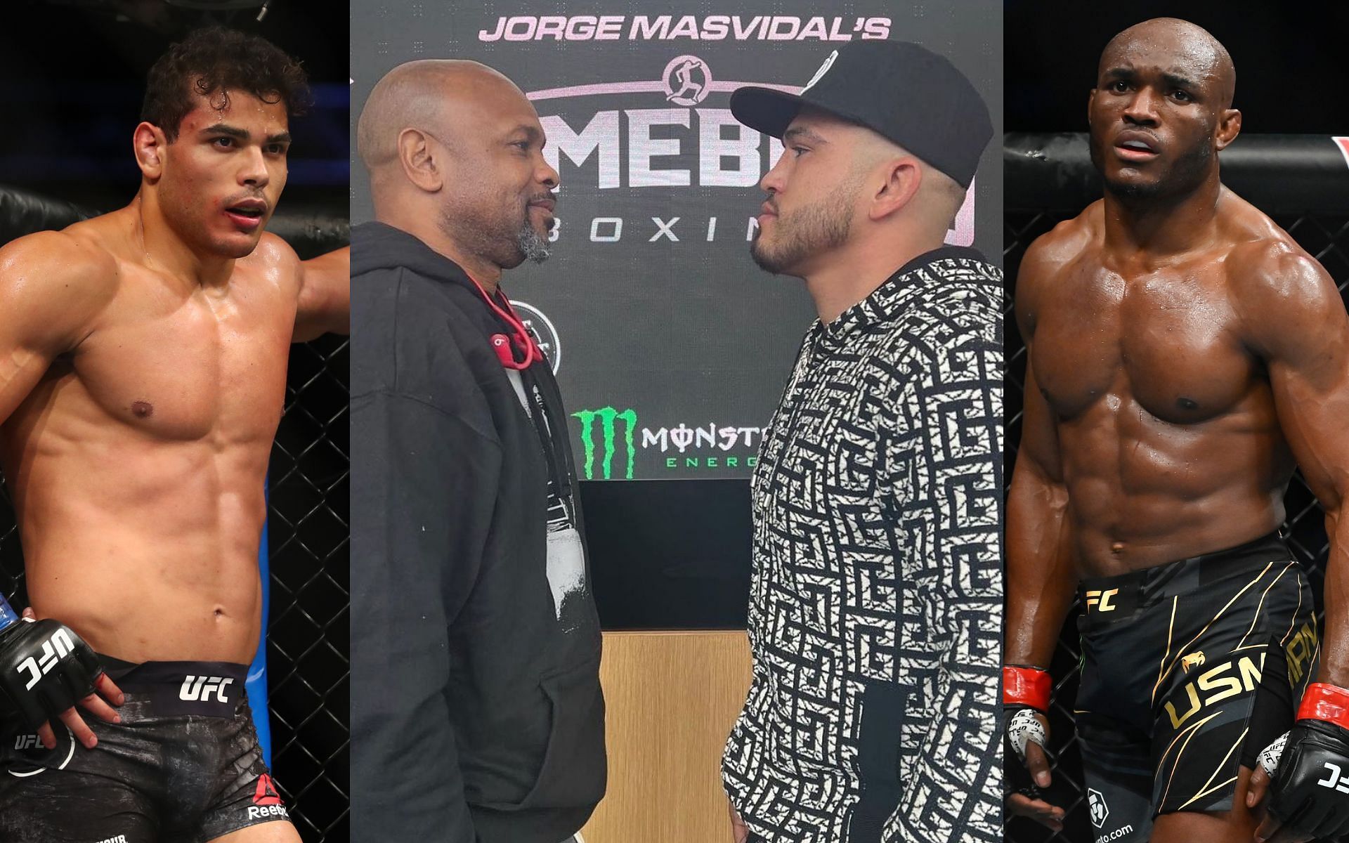 Palo Costa (left) Gamebred 4 boxing headliners (center) Kamaru Usman (right) [Image courtesy @showtimepettis on Instagram]