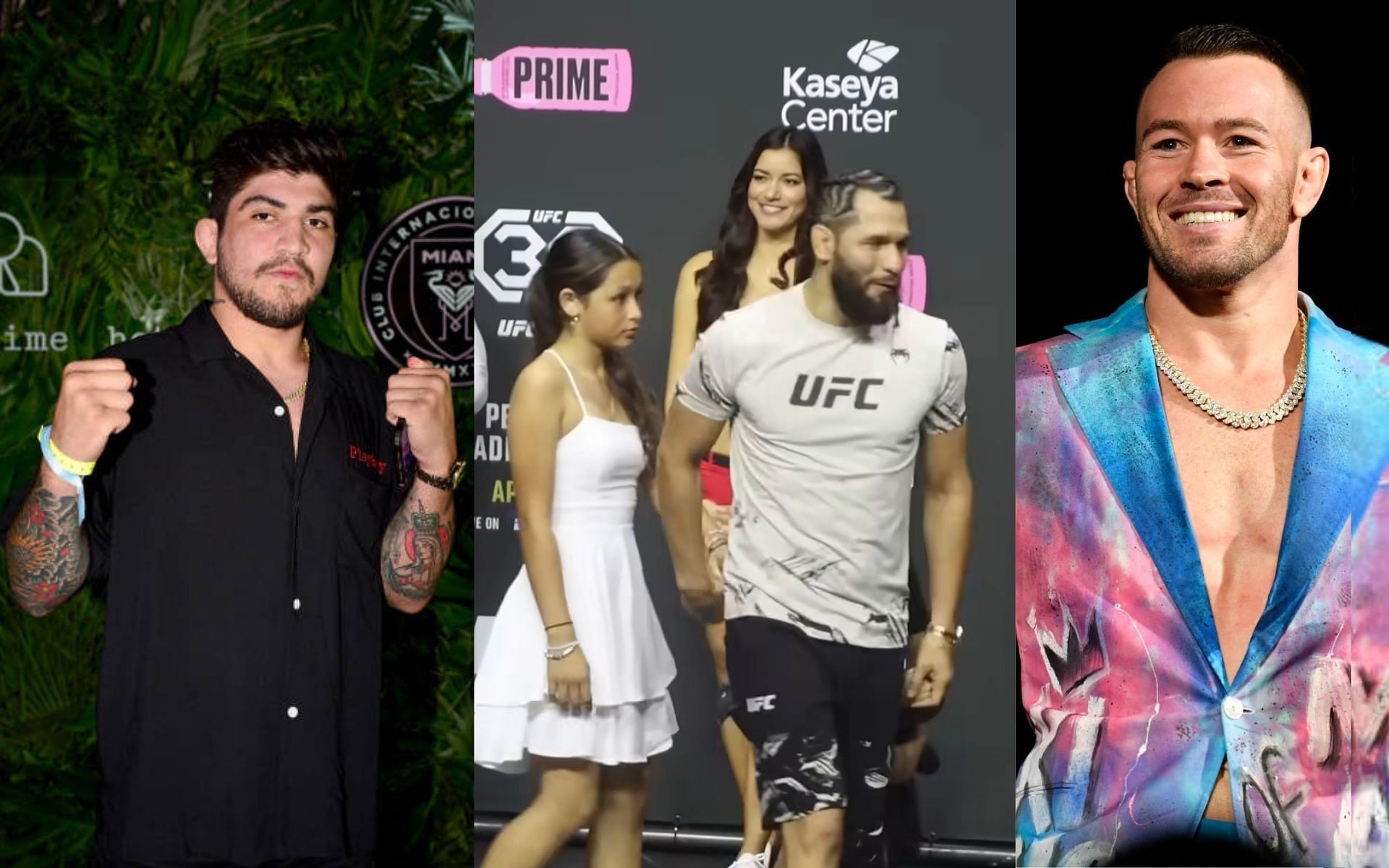 Dillon Danis (left), Jorge Masvidal with his kids at UFC 287 weigh-in (middle) [Image courtesy: @TheMacLife on YouTube] and Colby Covington (right)
