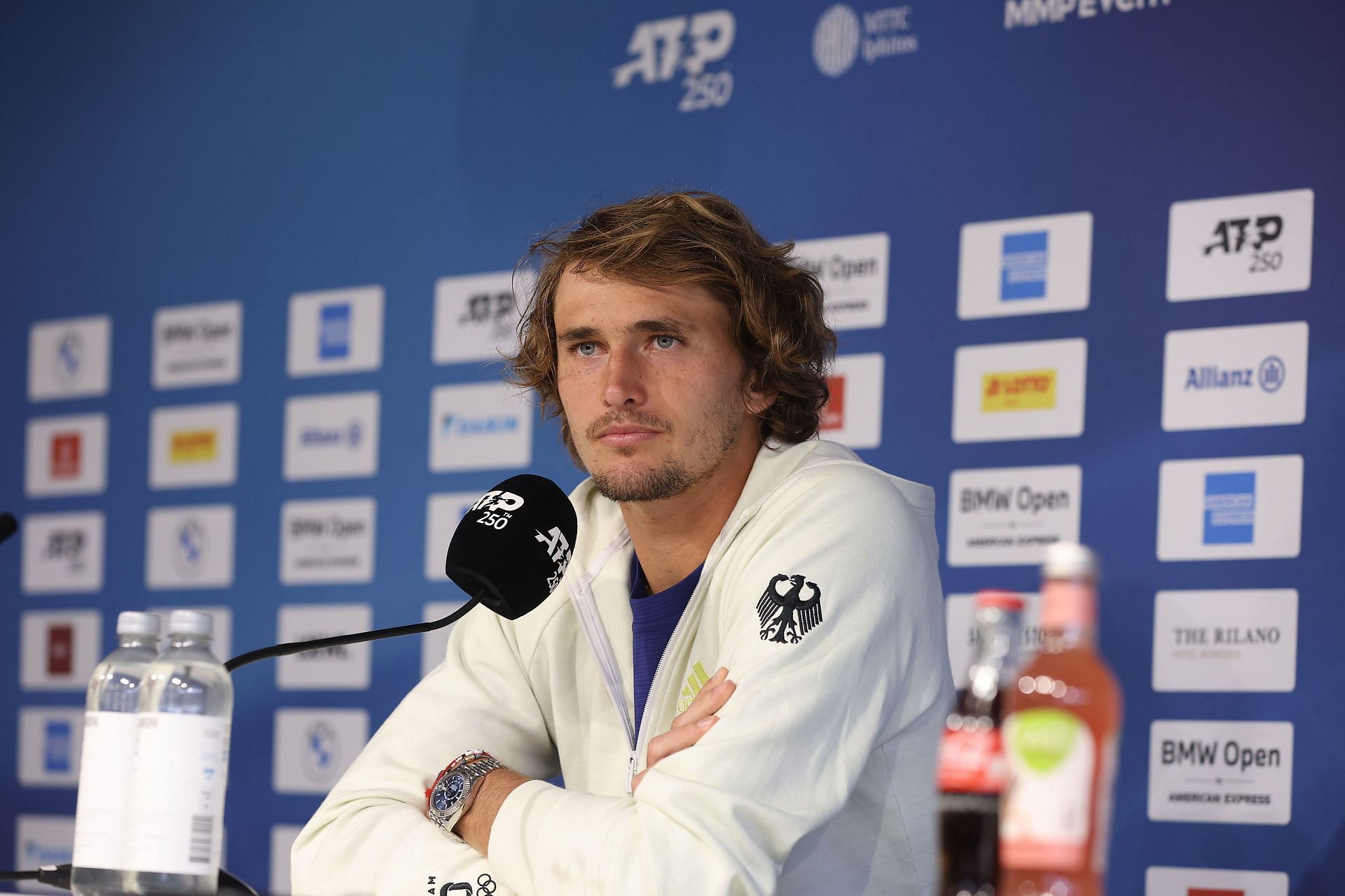 Alexander Zverev looks on during a press conference at the 2023 BMW Open in Munich.