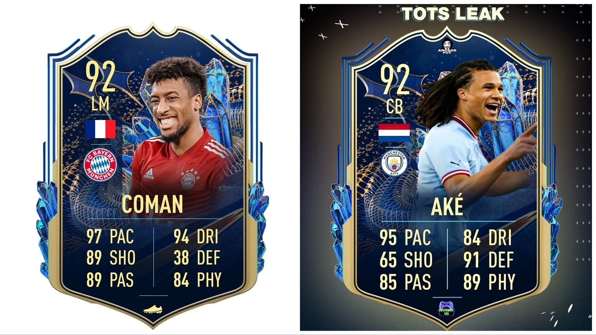 TOTS Coman and Ake have been leaked (Images via Twitter/FIFA23Leaked_ and Twitter/ArcadeFUT)