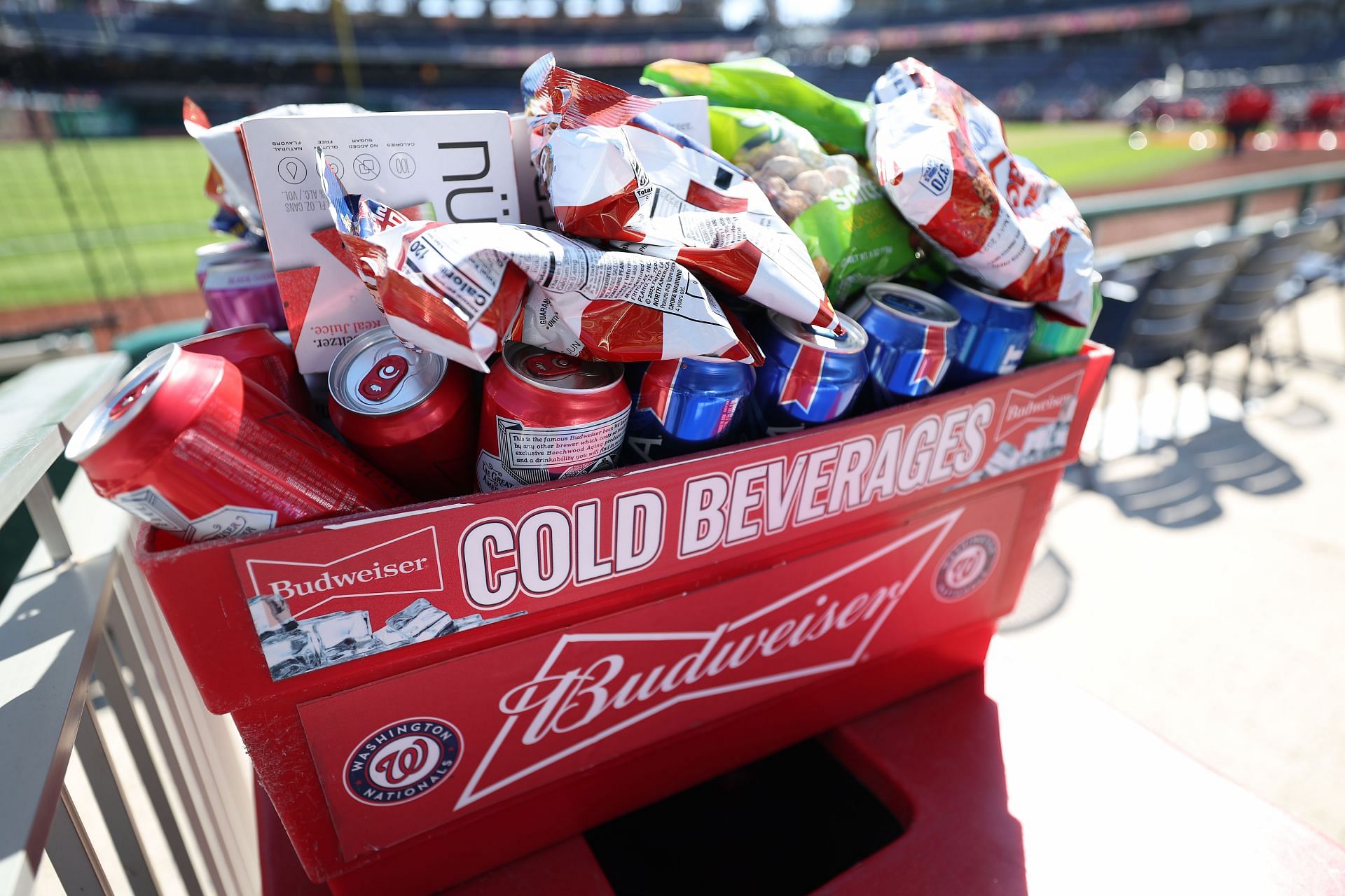 Beer and snacks are displayed before the Atlanta Braves play the Washington Nationals on Opening Day