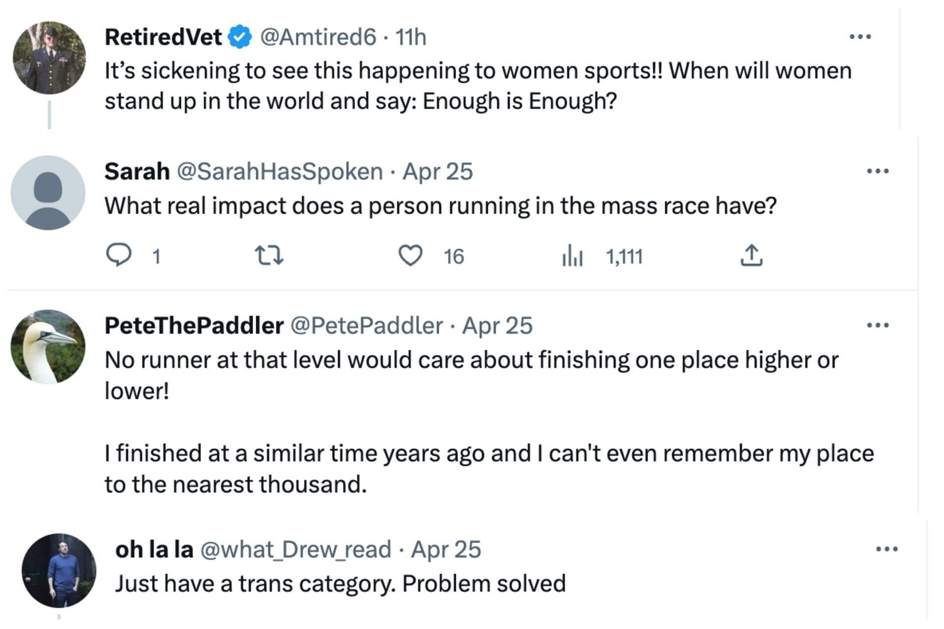 Social media users divided after a trans runner defeated 14,000 women during the London marathon in the female category. (Image via Twitter)