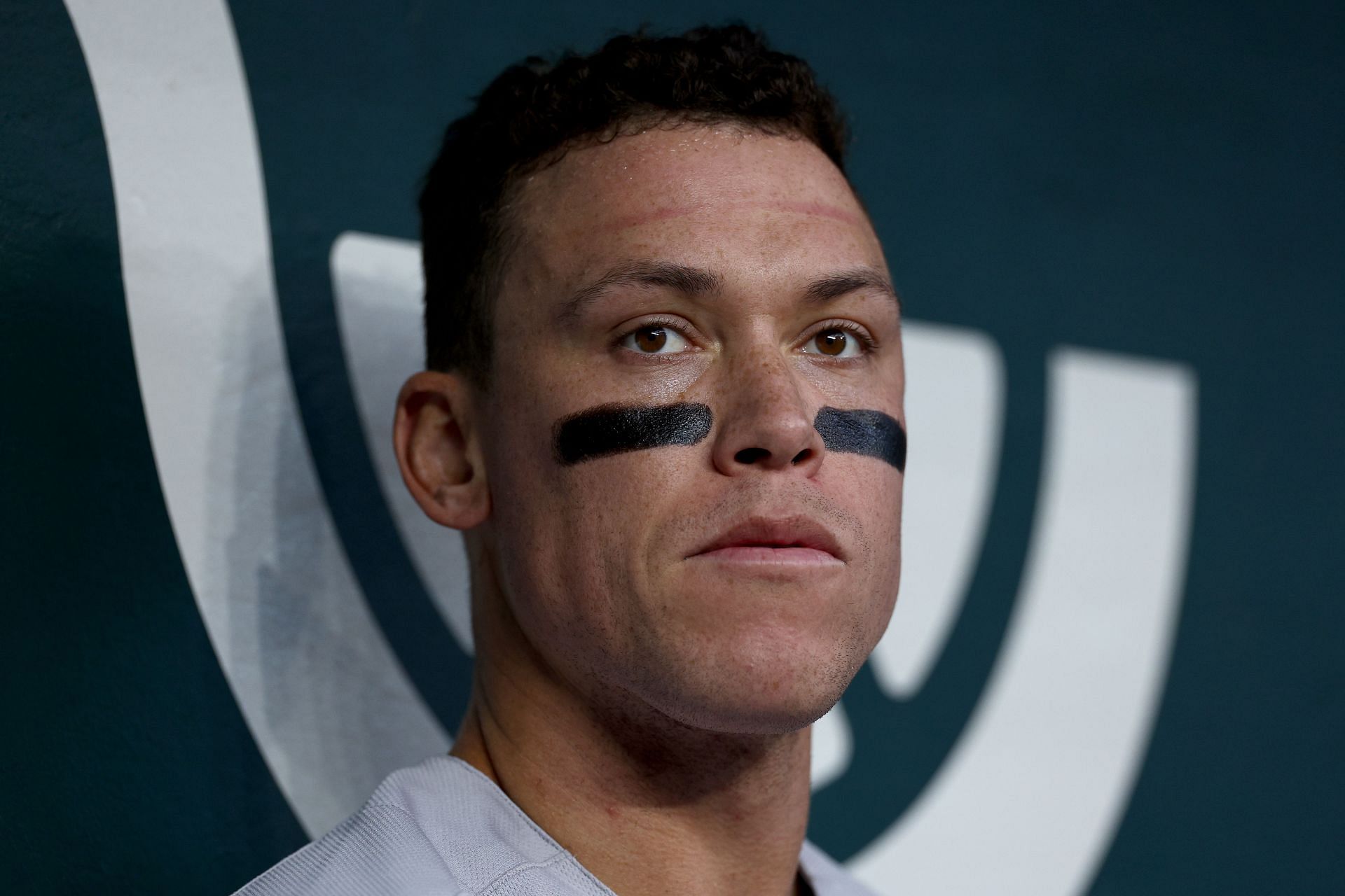 Aaron Judge looks on as the New York Yankees take on the Texas Rangers at Globe Life Field