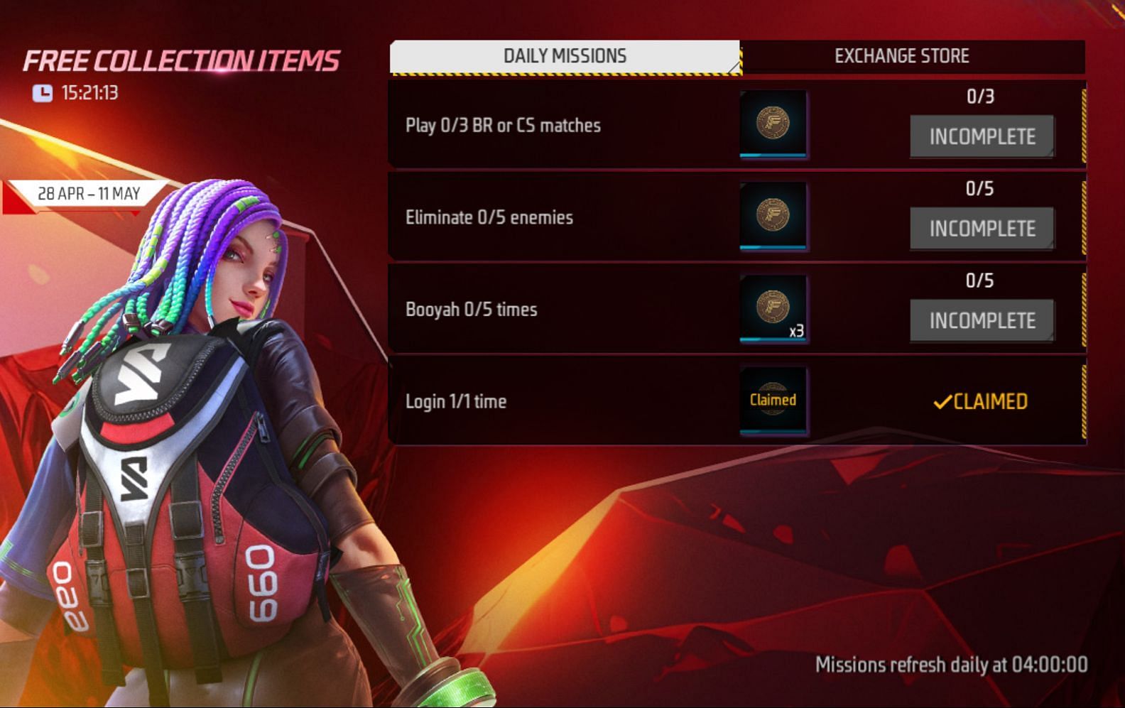 The daily missions for the tokens refresh at 4 am every day (Image via Garena)