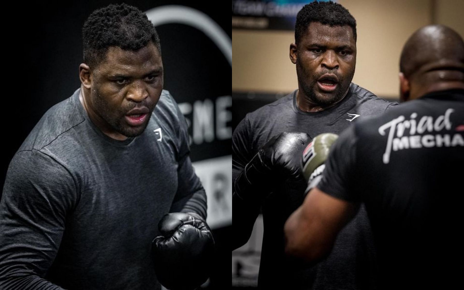 Francis Ngannou training with 16-ounce boxing gloves (Left and Right) [Image courtesy: @francisngannou Instagram]